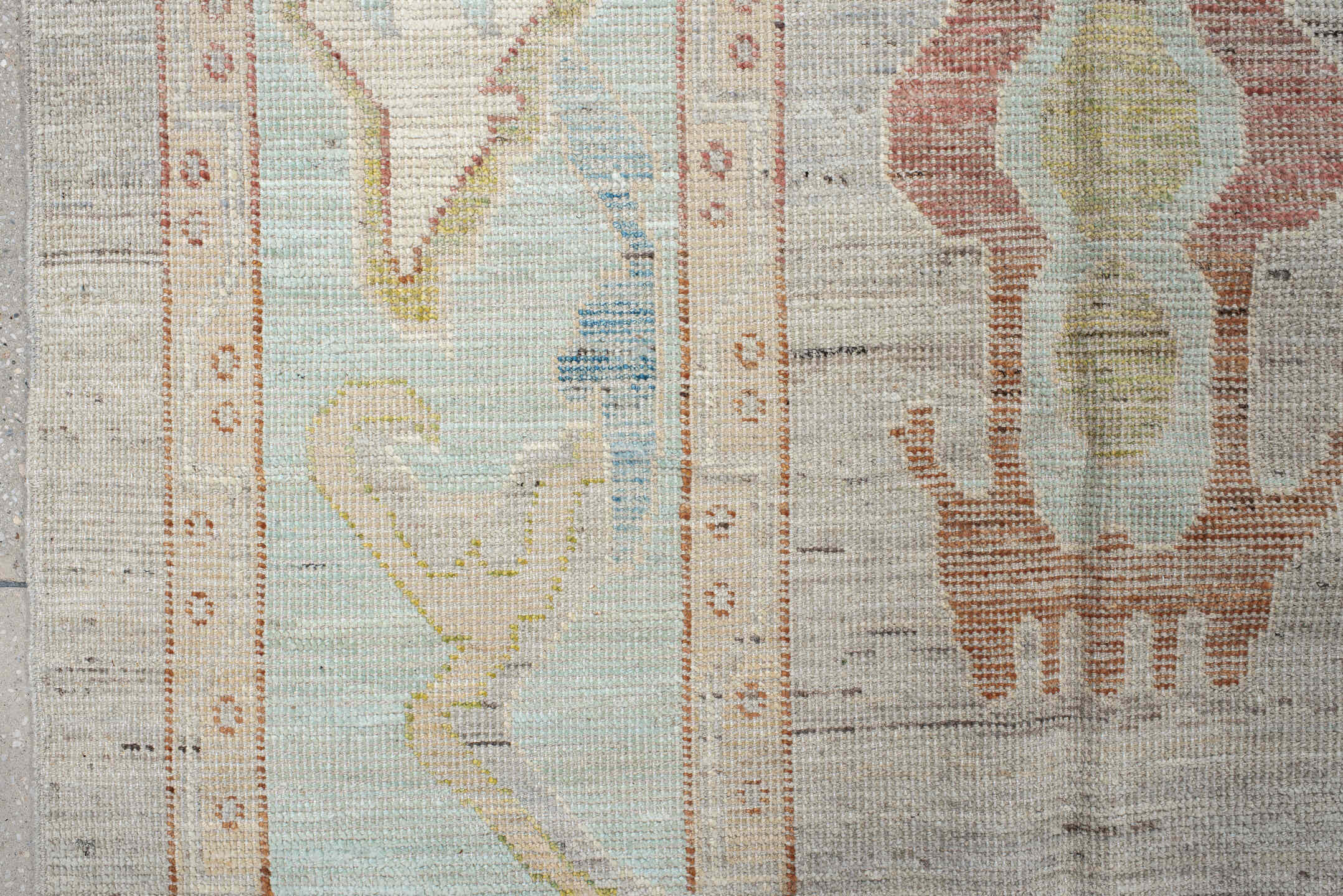 9' x 13' one-of-a-kind handmade vintage Oushak large size rug. Color palette: ivory, pale aqua, beige, sand, muted gold