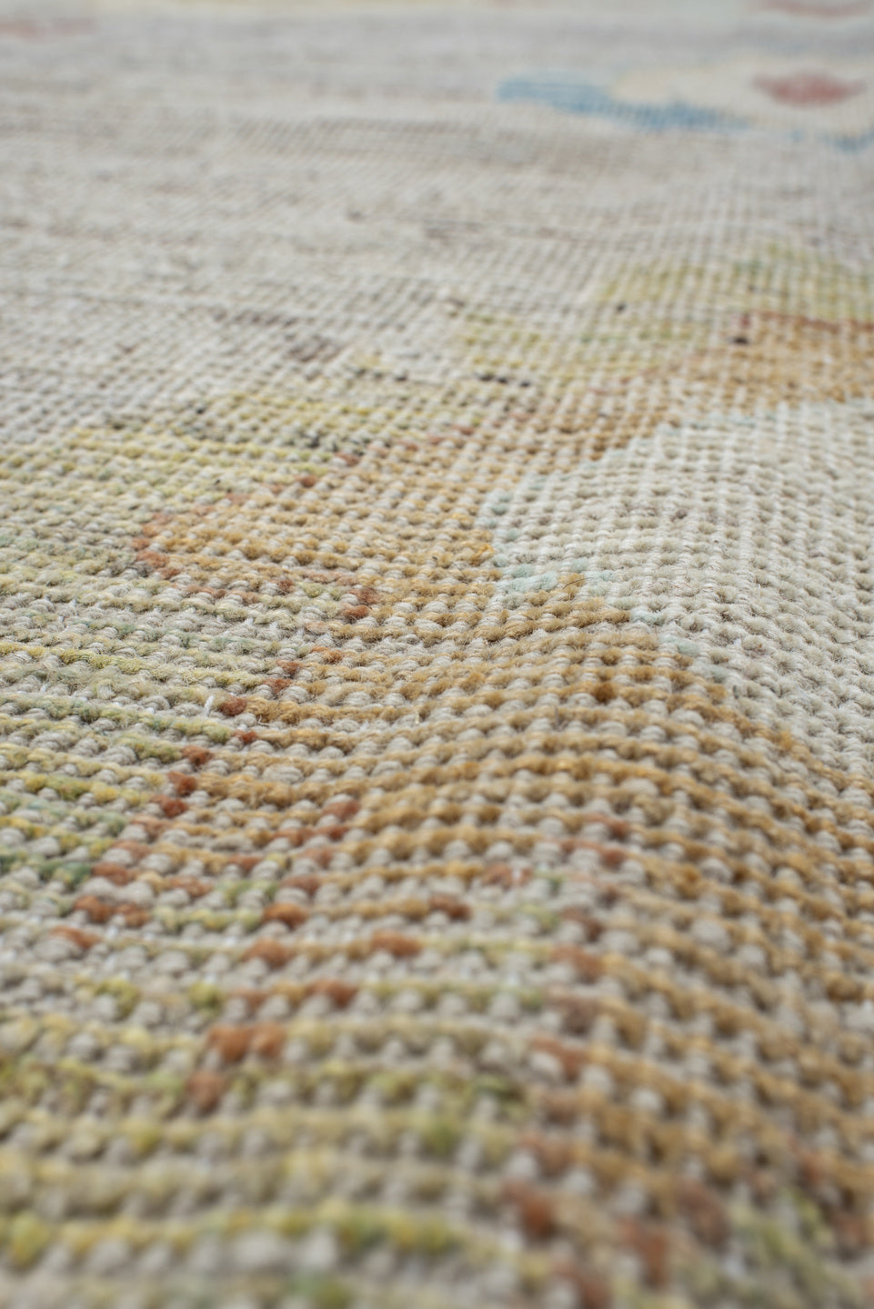 9' x 13' one-of-a-kind handmade vintage Oushak large size rug. Color palette: ivory, pale aqua, beige, sand, muted gold
