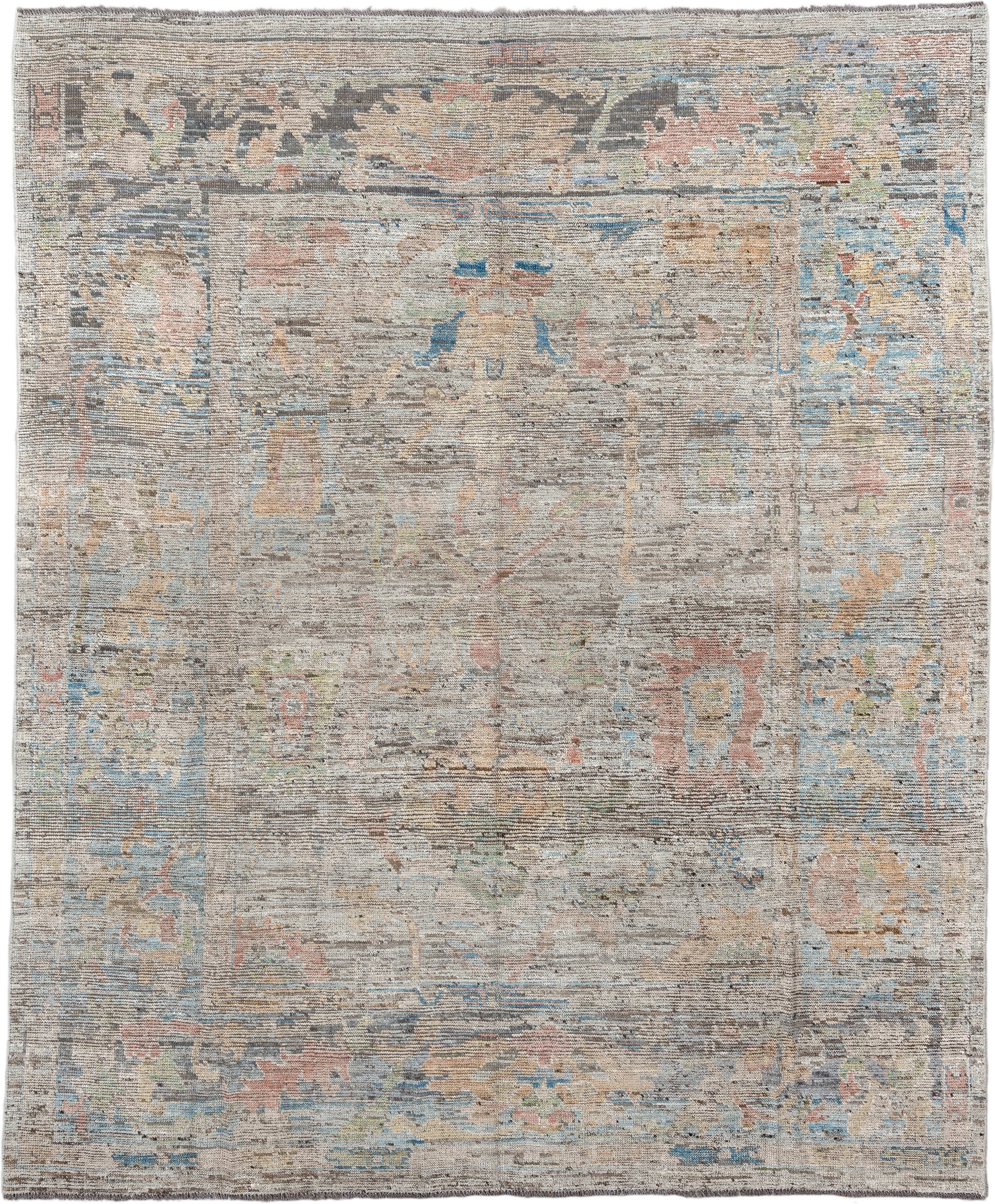 8' x 9' one-of-a-kind handmade vintage Oushak large size rug. Color palette: taupe, ivory, sky blue, blush, sage, sand