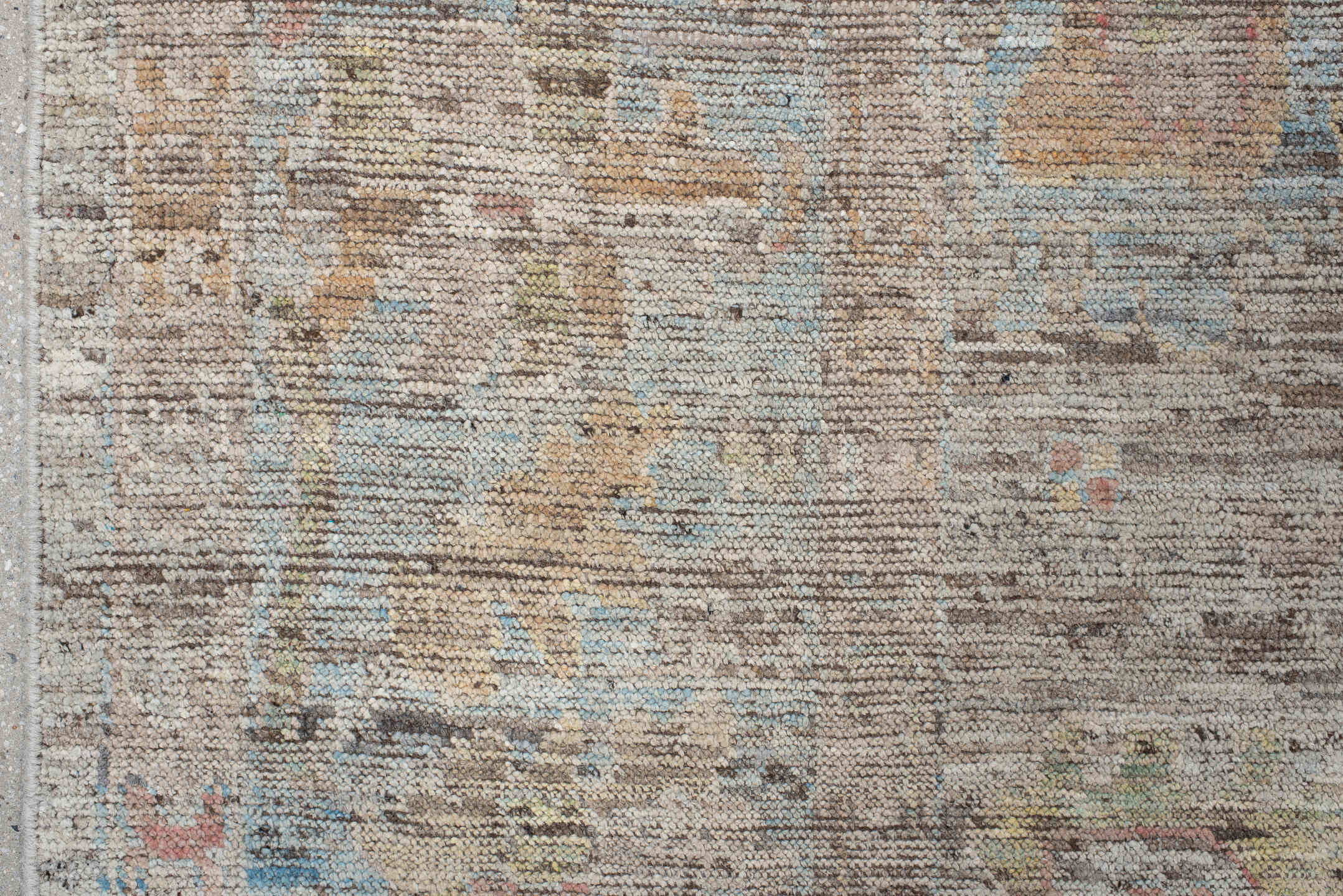 8' x 9' one-of-a-kind handmade vintage Oushak large size rug. Color palette: taupe, ivory, sky blue, blush, sage, sand