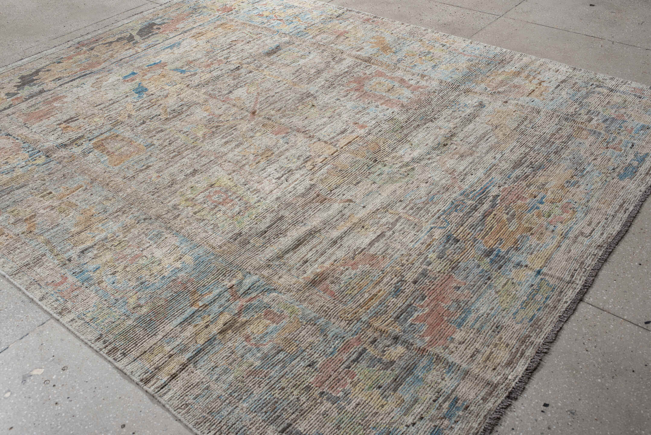 8' x 9' one-of-a-kind handmade vintage Oushak large size rug. Color palette: taupe, ivory, sky blue, blush, sage, sand