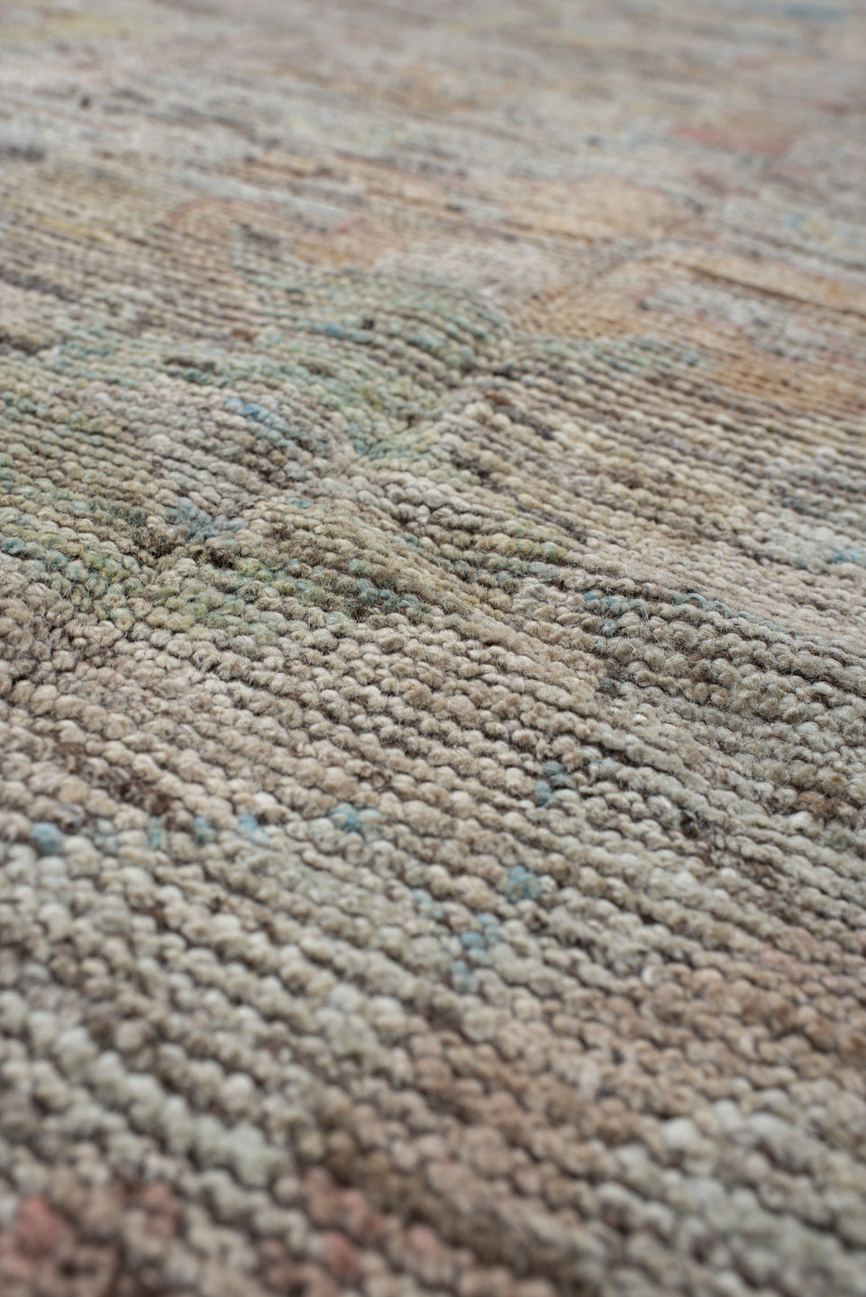 8' x 9' one-of-a-kind handmade vintage Oushak large size rug. Color palette: taupe, ivory, sky blue, blush, sage, sand