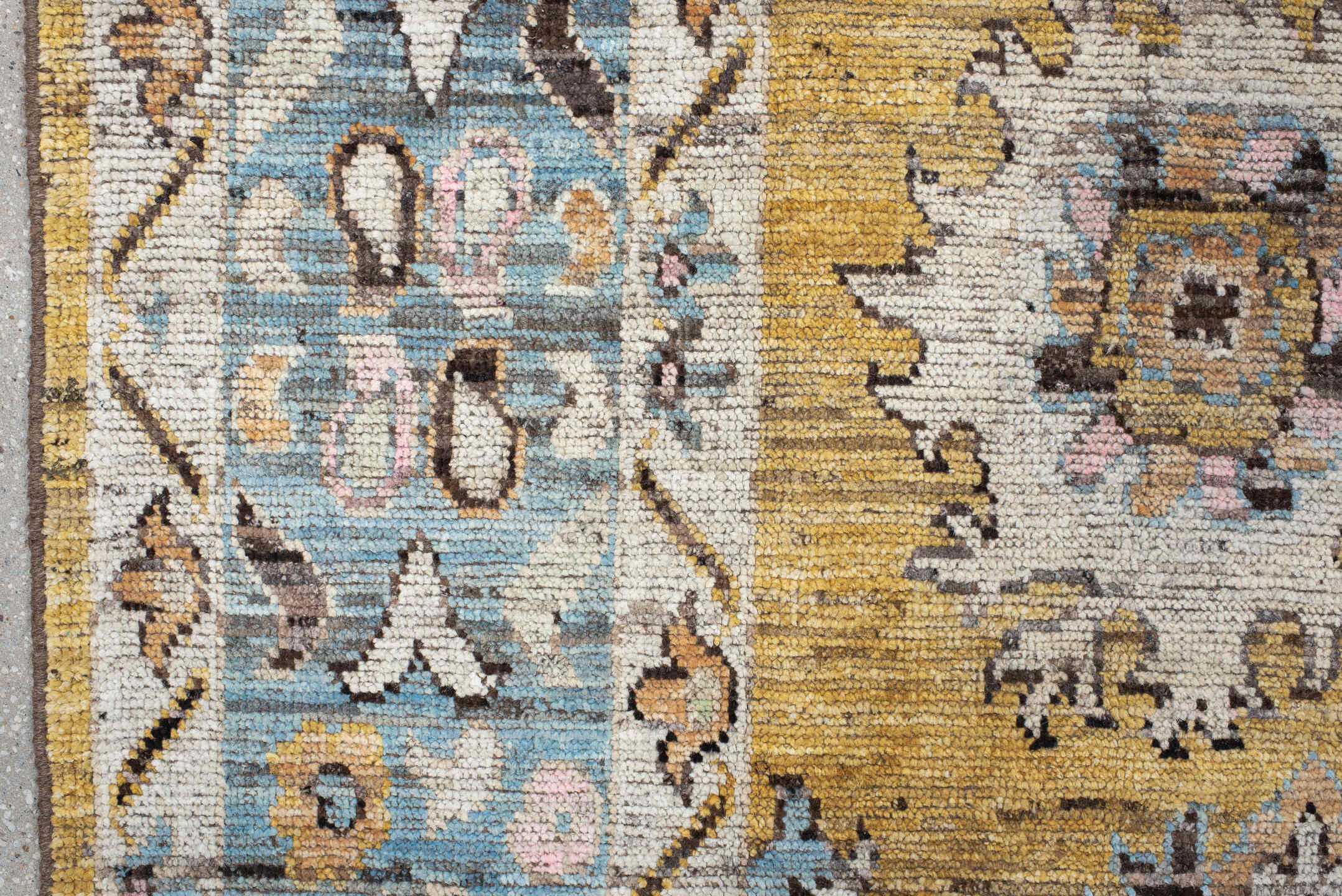 8' x 9' one-of-a-kind handmade vintage Oushak large size rug. Color palette: gold, sky_blue, ivory, pink, taupe, slate