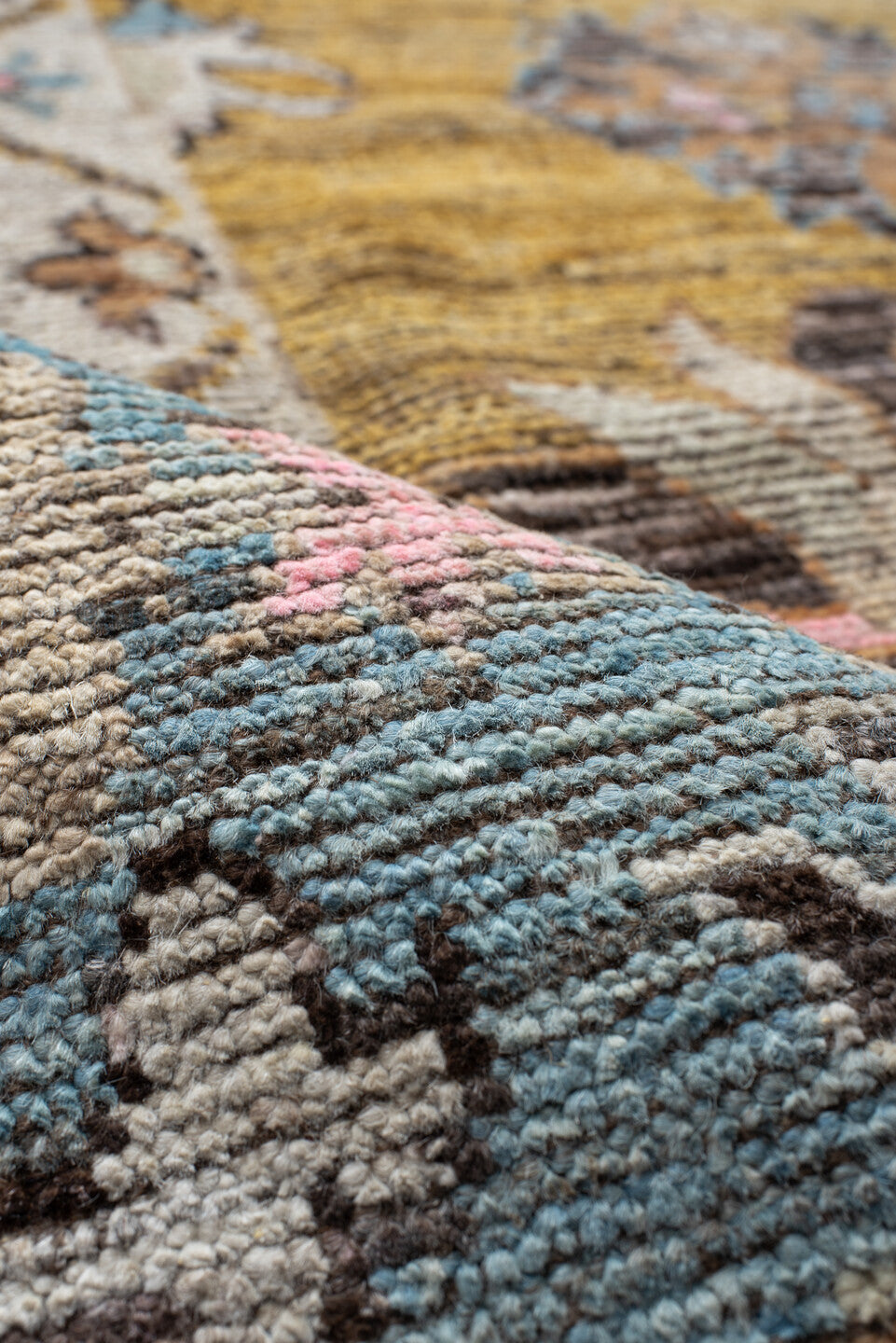 8' x 9' one-of-a-kind handmade vintage Oushak large size rug. Color palette: gold, sky_blue, ivory, pink, taupe, slate