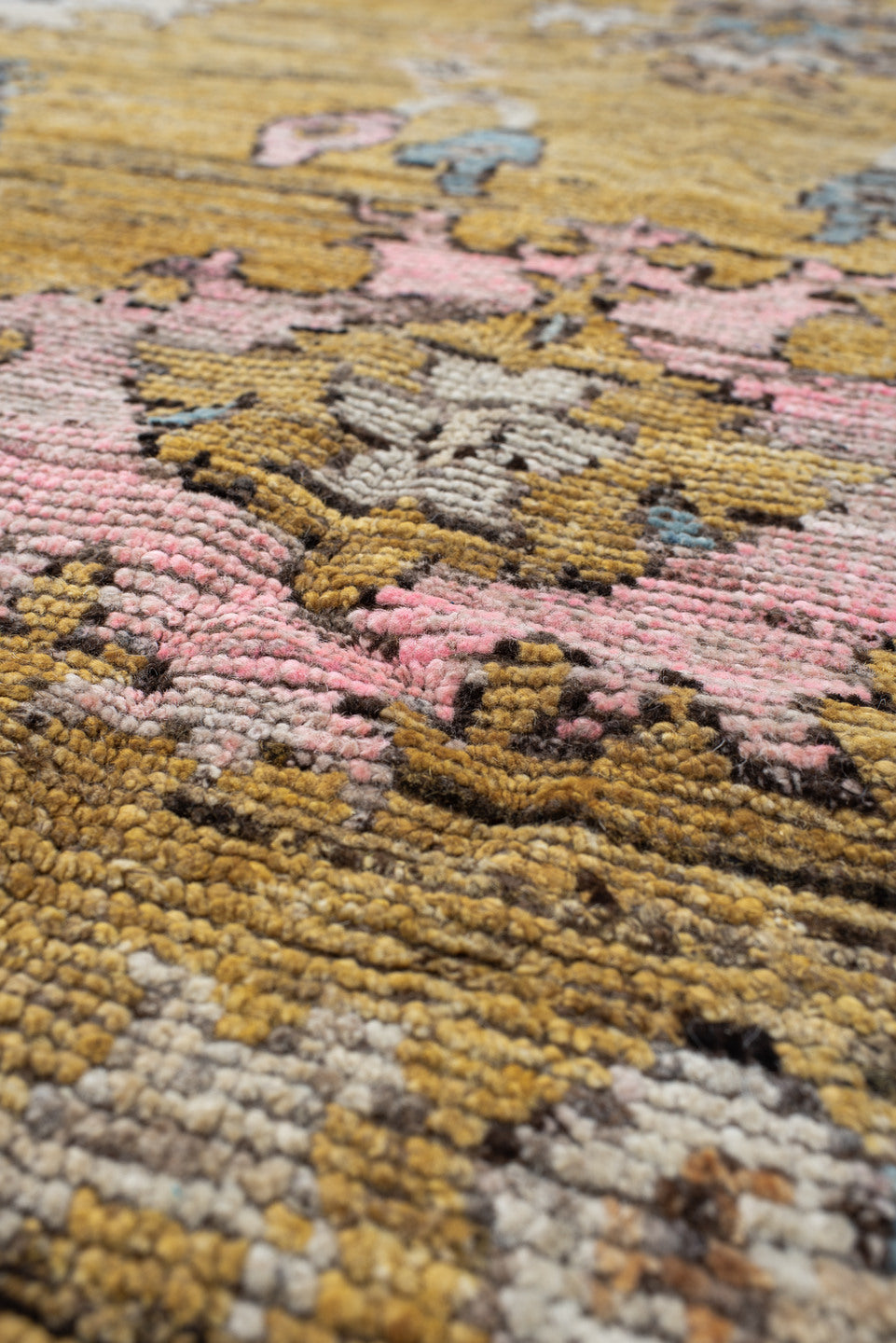8' x 9' one-of-a-kind handmade vintage Oushak large size rug. Color palette: gold, sky_blue, ivory, pink, taupe, slate