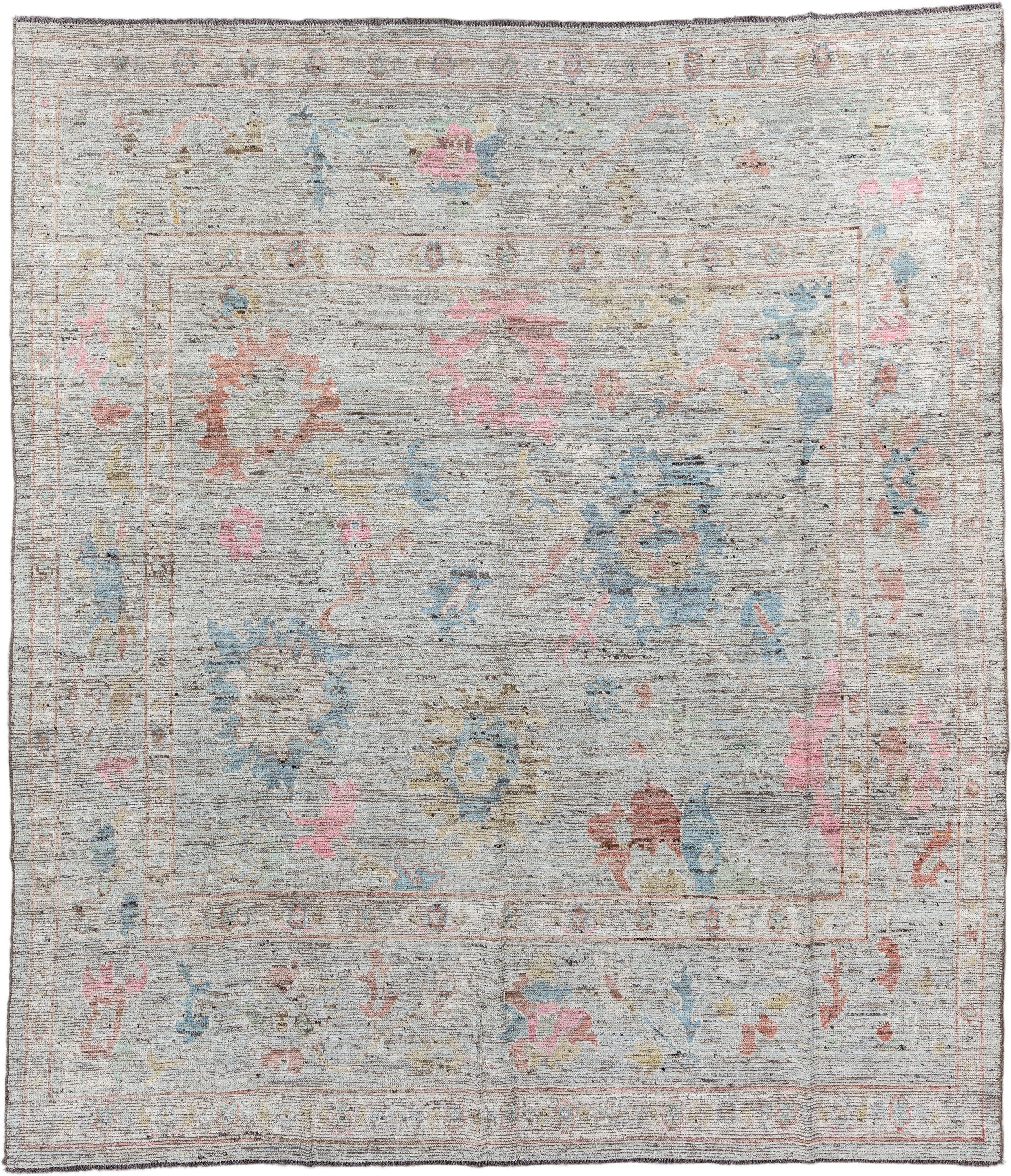 8' x 9' one-of-a-kind handmade vintage Oushak rug. Color palette: ivory, pale blue, blush, taupe, muted gold, terra cotta