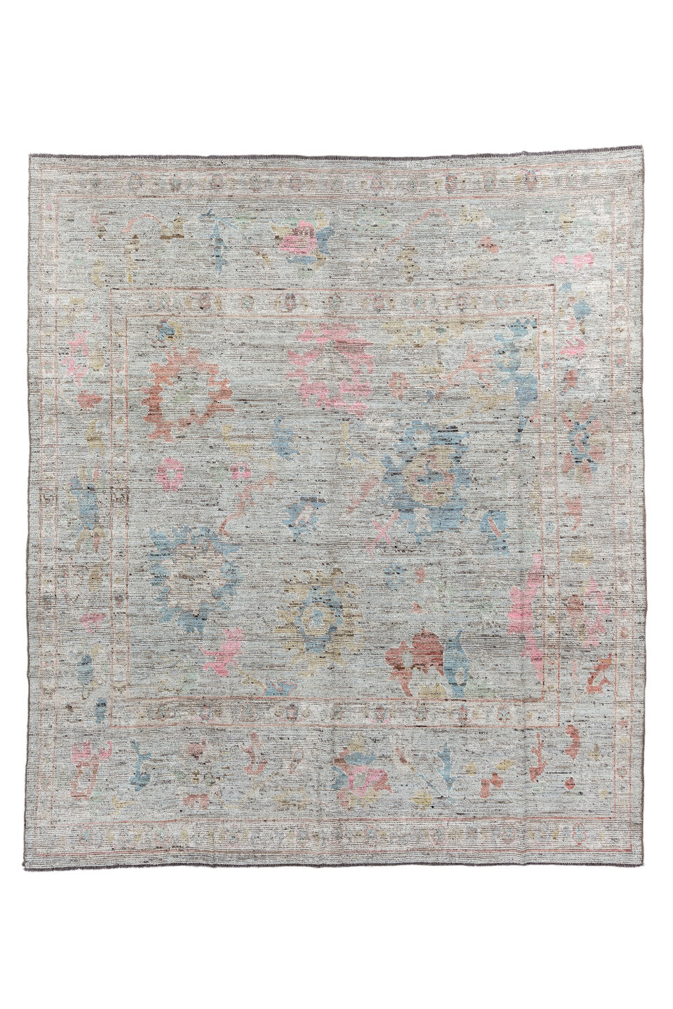 8' x 9' one-of-a-kind handmade vintage Oushak rug. Color palette: brown, dim gray, gainsboro, gray, light blue, light gray