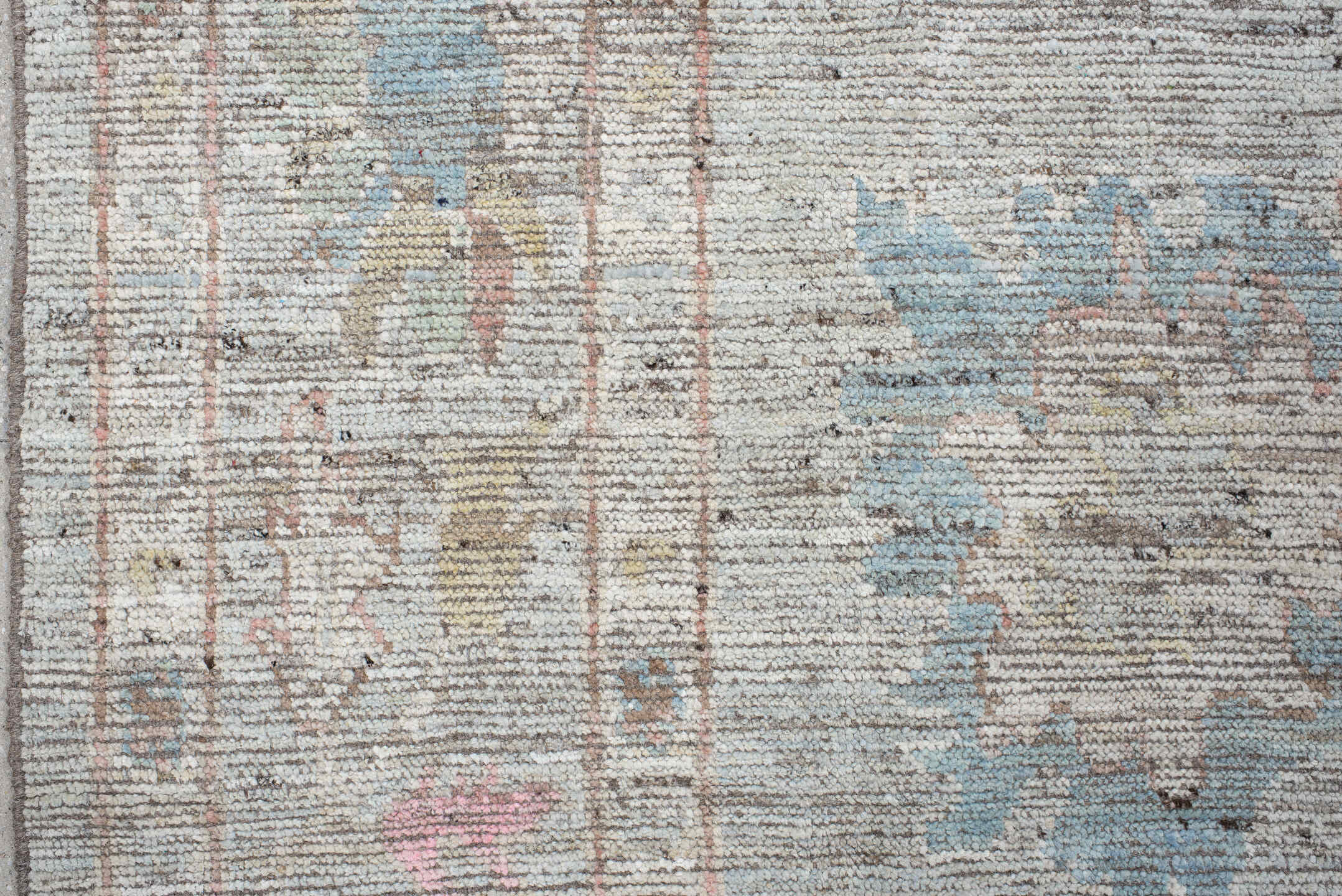 8' x 9' one-of-a-kind handmade vintage Oushak rug. Color palette: ivory, pale blue, blush, taupe, muted gold, terra cotta