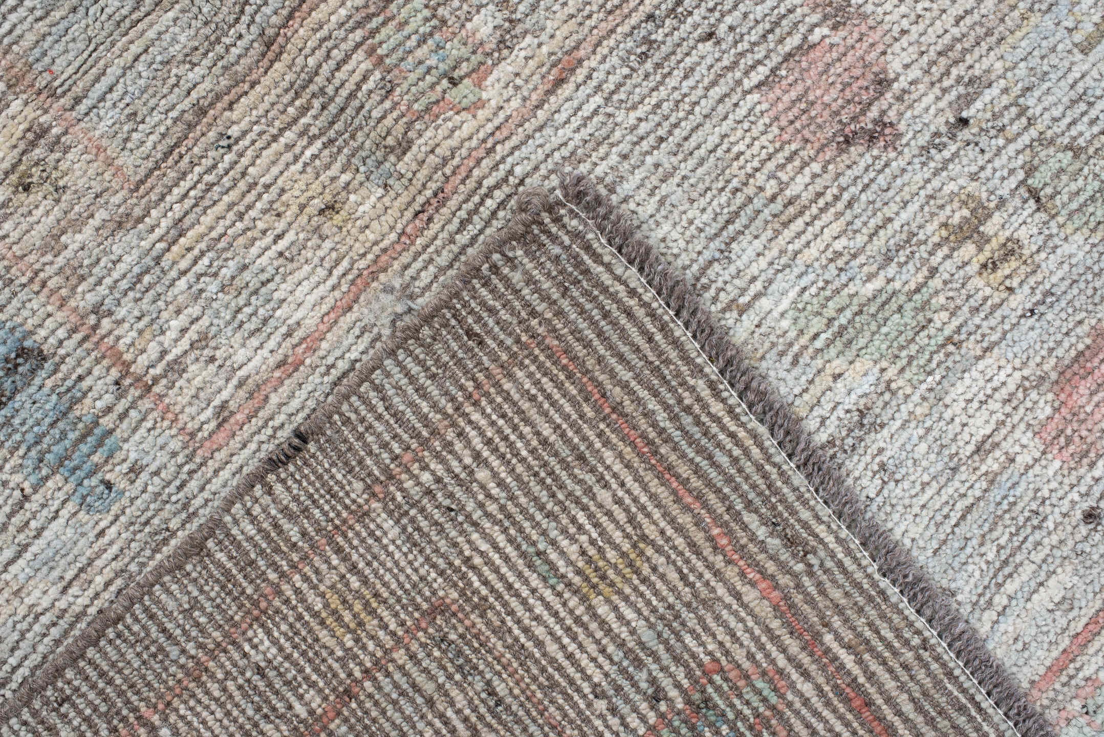 8' x 9' one-of-a-kind handmade vintage Oushak rug. Color palette: ivory, pale blue, blush, taupe, muted gold, terra cotta