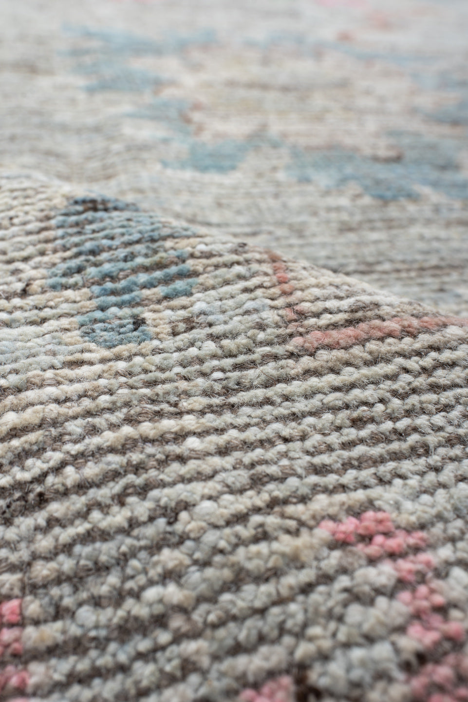 8' x 9' one-of-a-kind handmade vintage Oushak rug. Color palette: ivory, pale blue, blush, taupe, muted gold, terra cotta