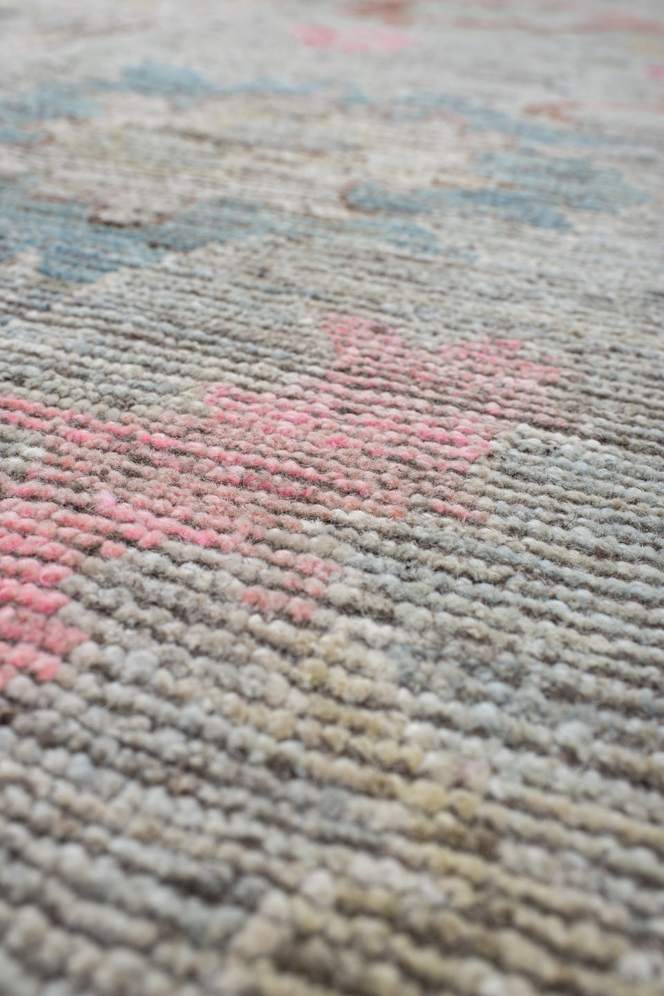 8' x 9' one-of-a-kind handmade vintage Oushak rug. Color palette: ivory, pale blue, blush, taupe, muted gold, terra cotta