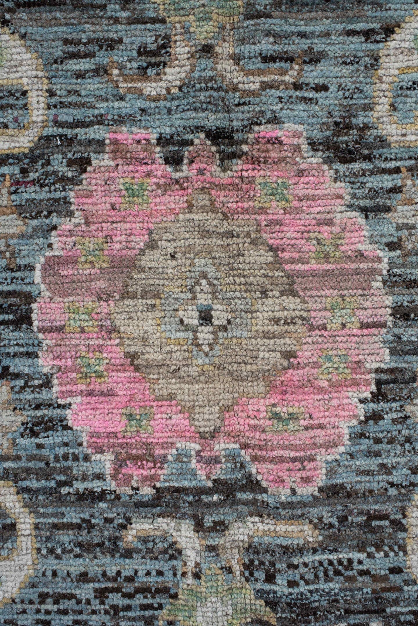8' x 9' one-of-a-kind handmade vintage Oushak rug. Color palette: charcoal, ivory, beige, pink, aqua, gold, taupe, gray
