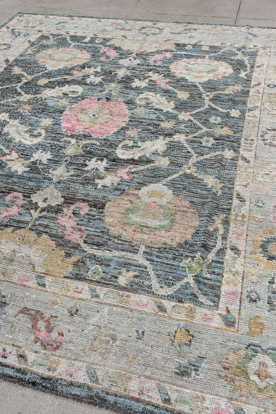 8' x 9' one-of-a-kind handmade vintage Oushak rug. Color palette: charcoal, ivory, beige, pink, aqua, gold, taupe, gray