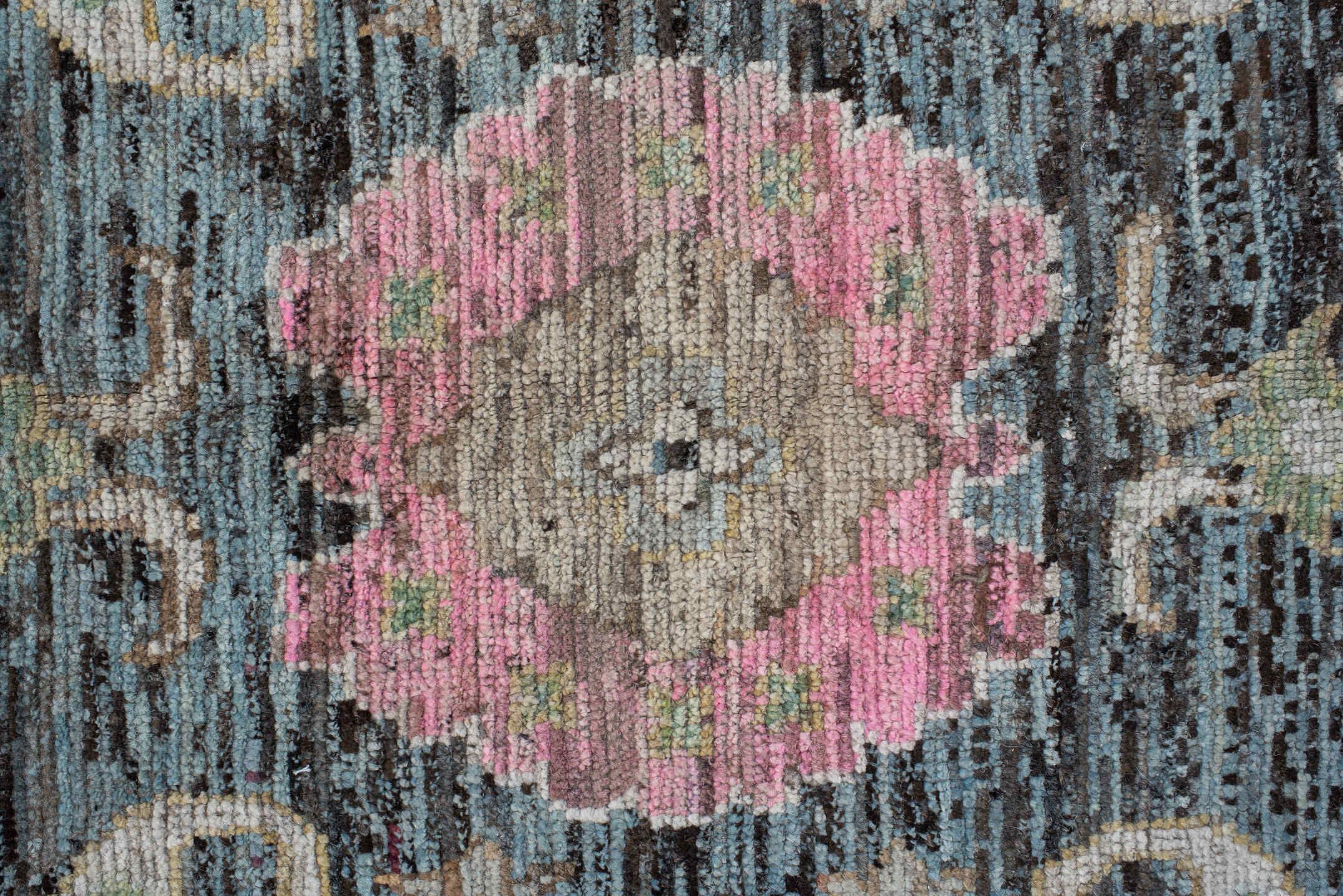 8' x 9' one-of-a-kind handmade vintage Oushak rug. Color palette: black, blue, charcoal, dark gray, gainsboro, gray