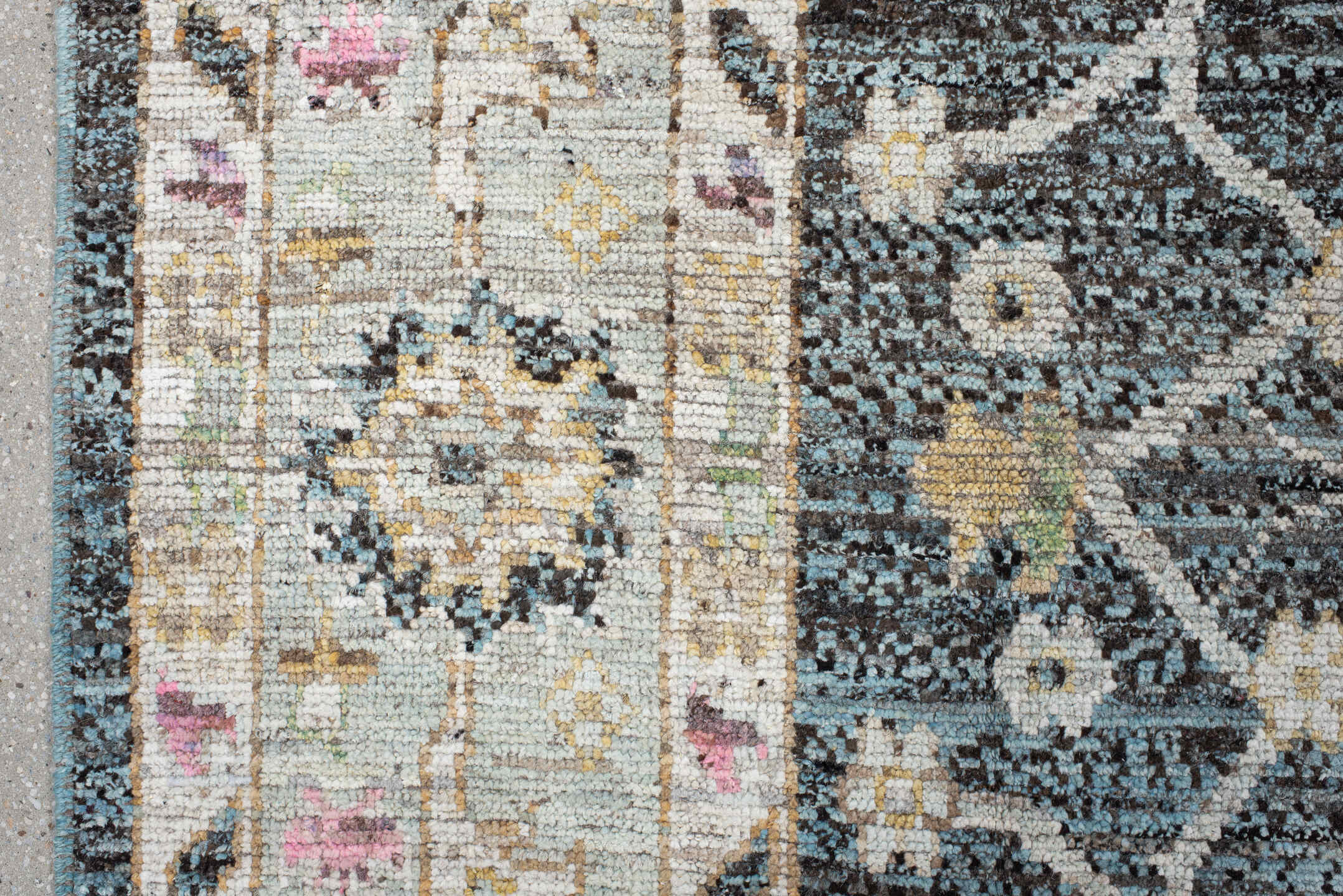 8' x 9' one-of-a-kind handmade vintage Oushak rug. Color palette: charcoal, ivory, beige, pink, aqua, gold, taupe, gray