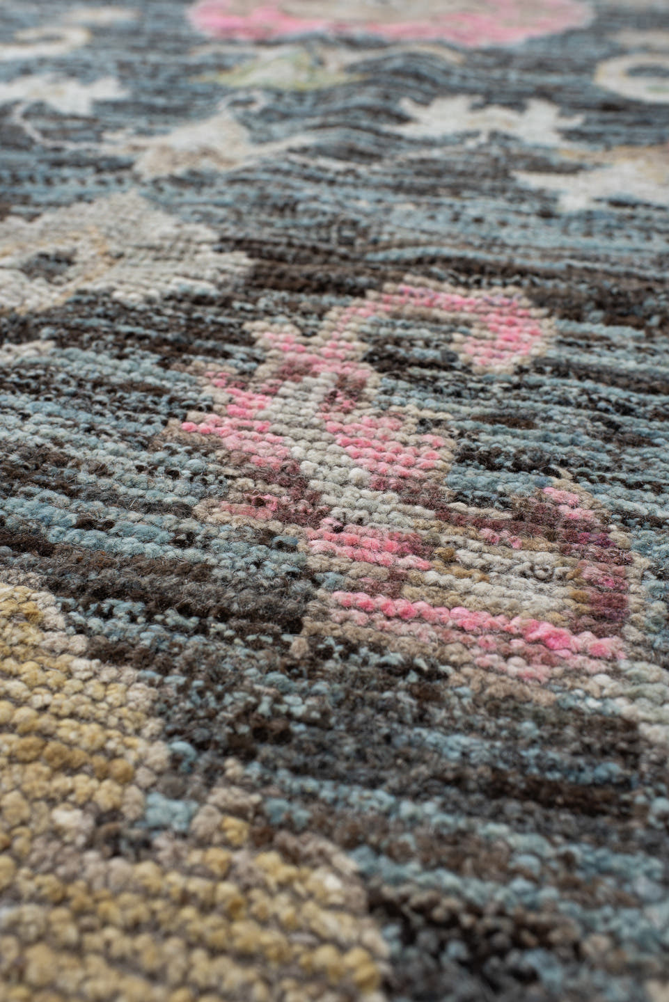 8' x 9' one-of-a-kind handmade vintage Oushak rug. Color palette: charcoal, ivory, beige, pink, aqua, gold, taupe, gray