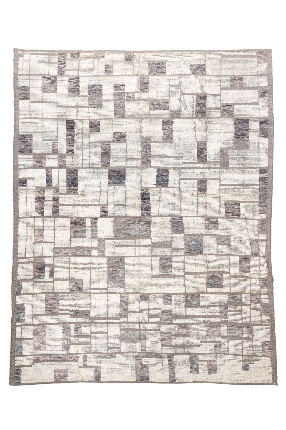 12' x 15' one-of-a-kind handmade vintage Tulu oversize rug. Color palette: blue, dark gray, dim gray, floral white