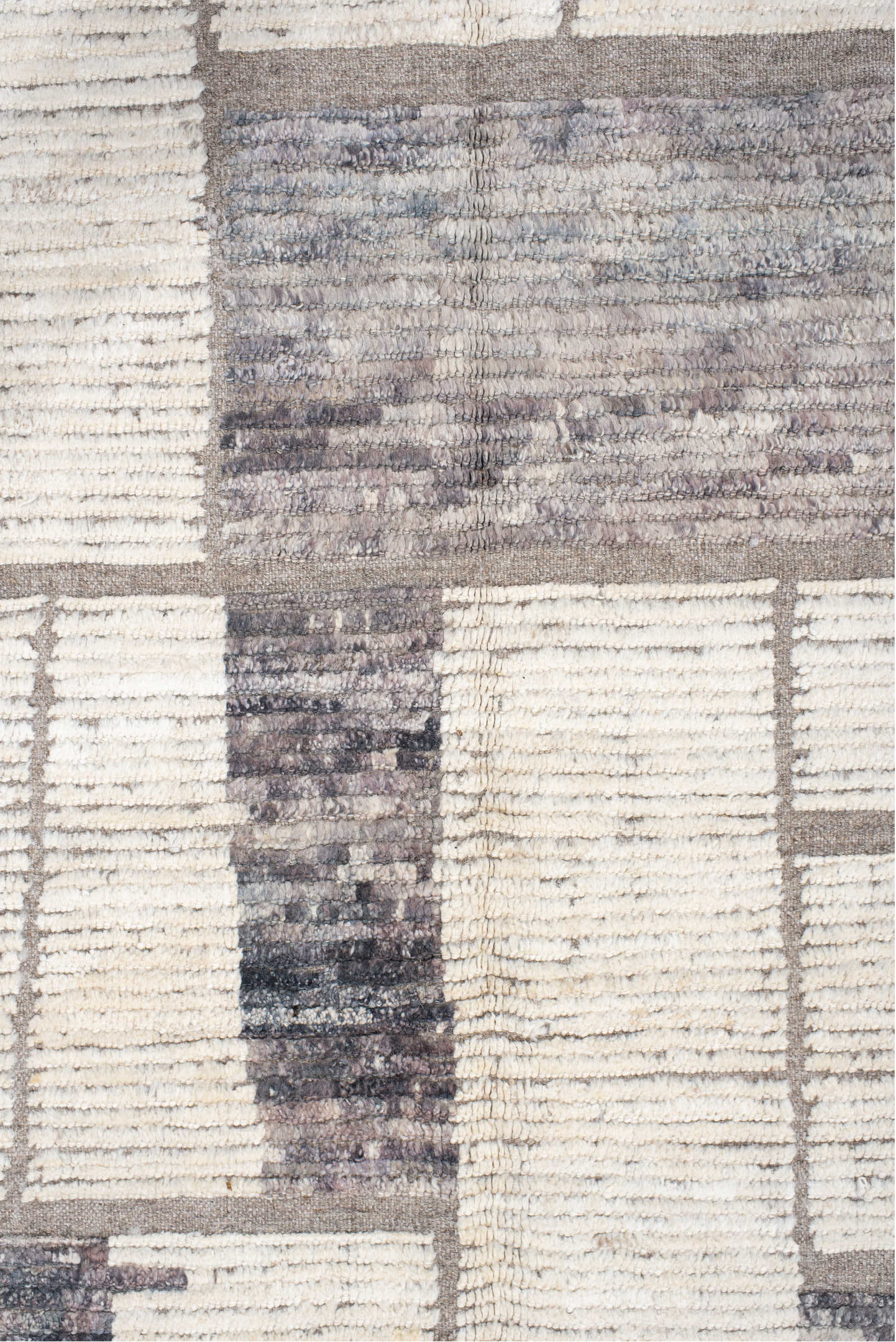 12' x 15' one-of-a-kind handmade vintage Tulu oversize rug. Color palette: ivory, taupe, gray, greige, charcoal, beige