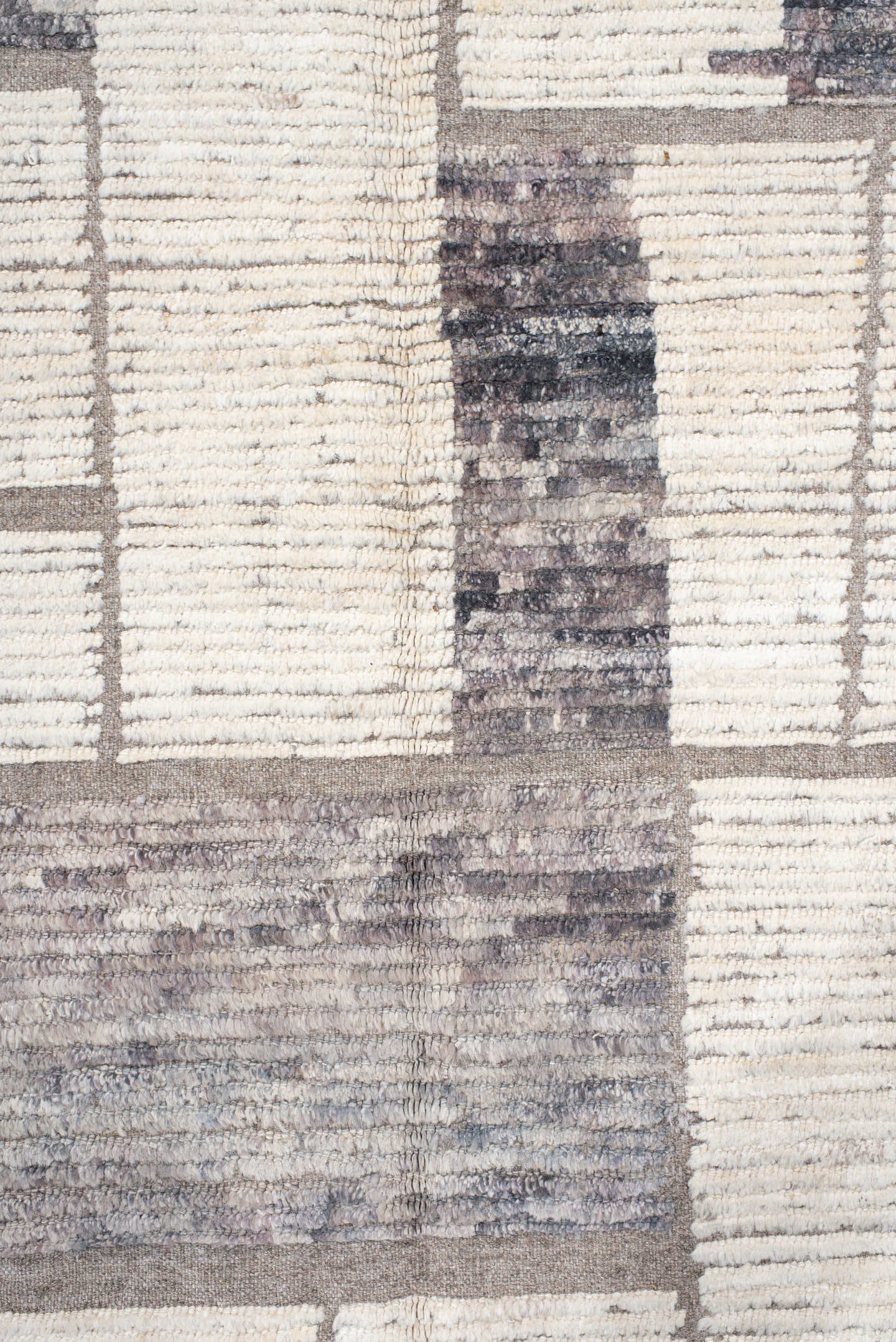 12' x 15' one-of-a-kind handmade vintage Tulu oversize rug. Color palette: ivory, taupe, gray, greige, charcoal, beige