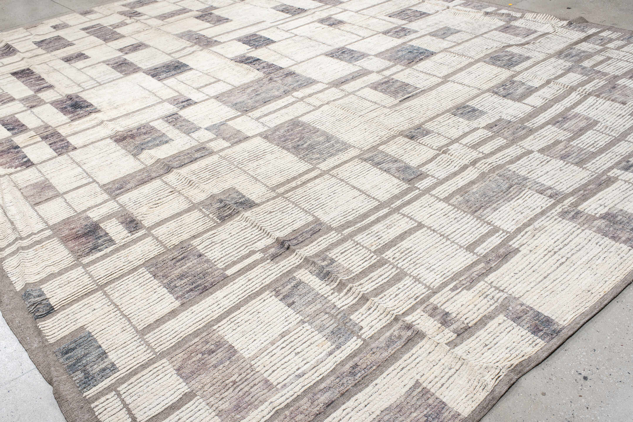 12' x 15' one-of-a-kind handmade vintage Tulu oversize rug. Color palette: blue, dark gray, dim gray, floral white