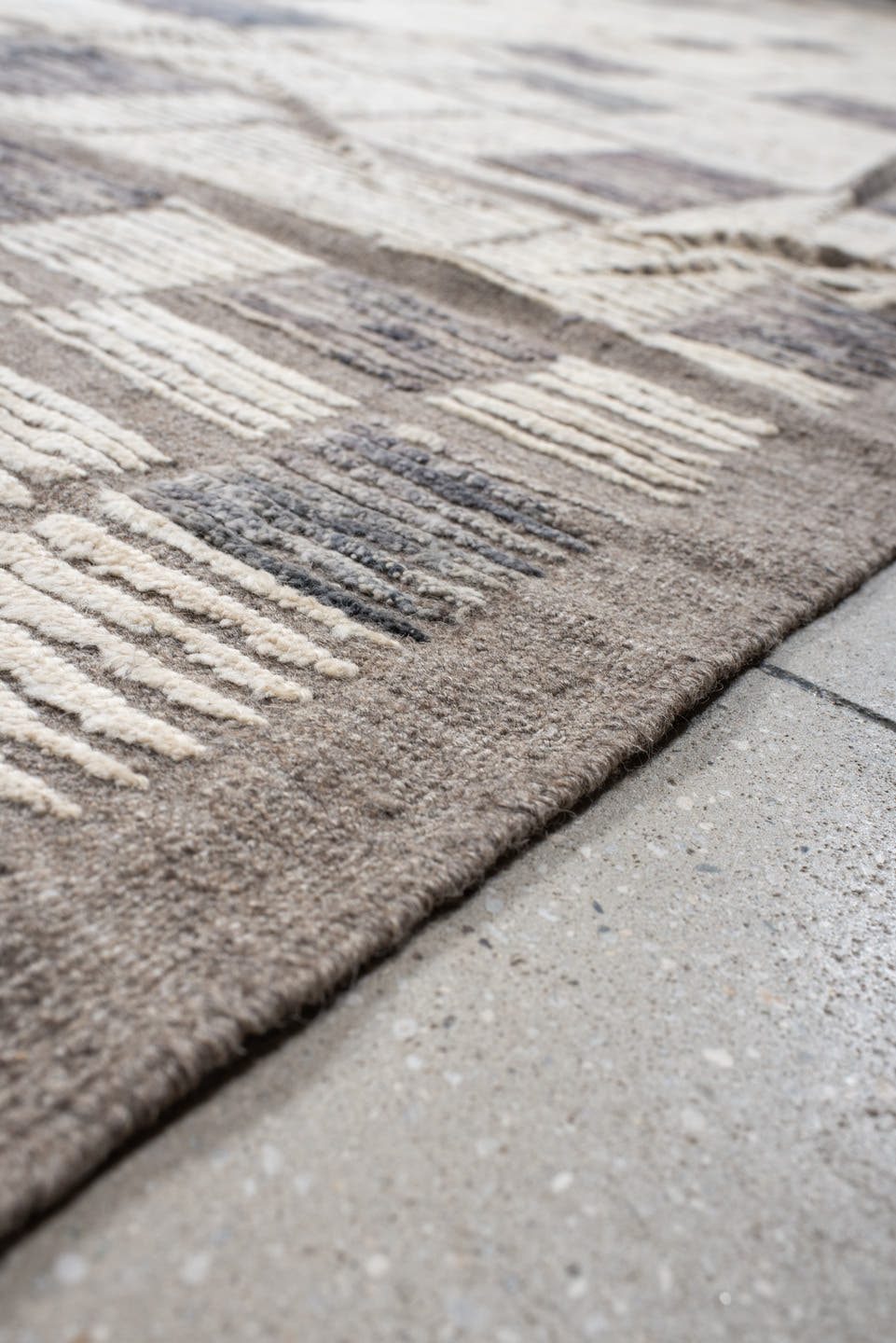 12' x 15' one-of-a-kind handmade vintage Tulu oversize rug. Color palette: ivory, taupe, gray, greige, charcoal, beige