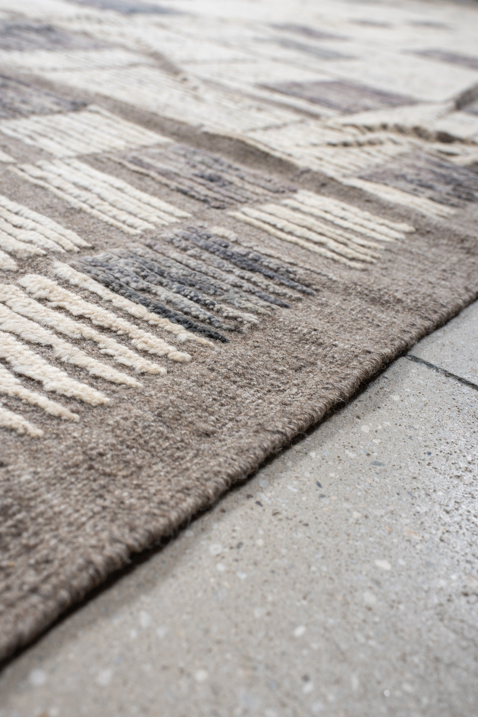 12' x 15' one-of-a-kind handmade vintage Tulu oversize rug. Color palette: ivory, taupe, gray, greige, charcoal, beige