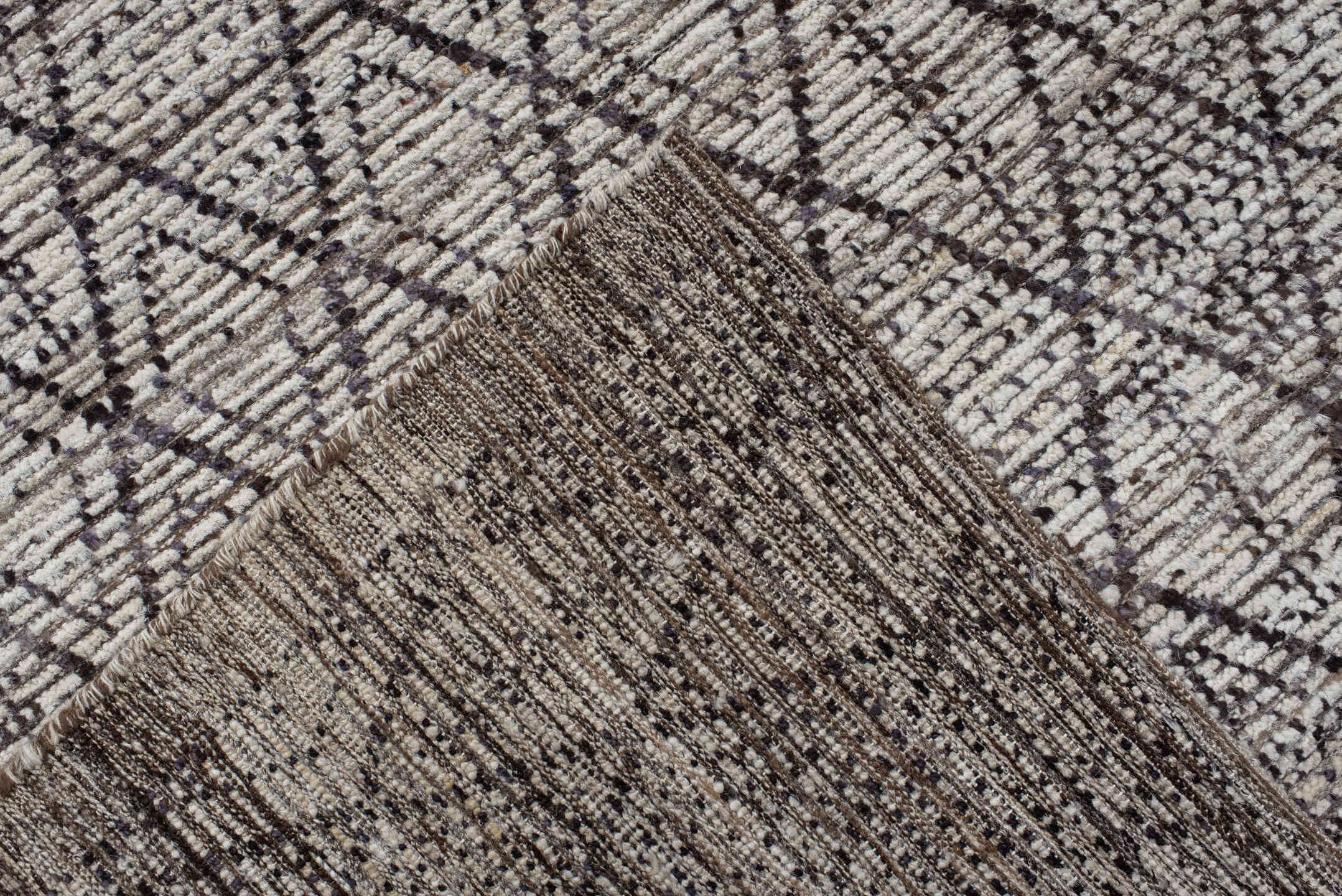 10' x 13' one-of-a-kind handmade vintage Tulu large size rug. Color palette: ivory, charcoal, taupe, brown, gray, black