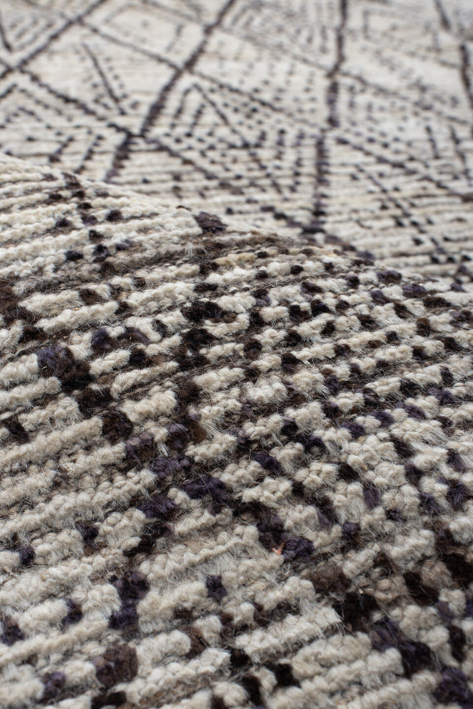 10' x 13' one-of-a-kind handmade vintage Tulu large size rug. Color palette: ivory, charcoal, taupe, brown, gray, black