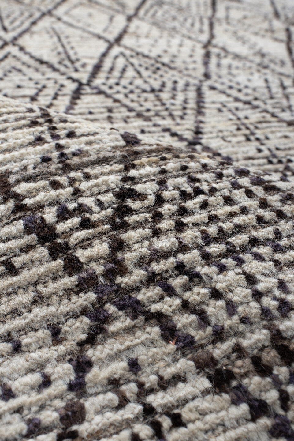 10' x 13' one-of-a-kind handmade vintage Tulu large size rug. Color palette: ivory, charcoal, taupe, brown, gray, black