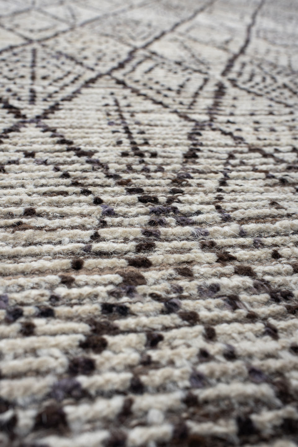 10' x 13' one-of-a-kind handmade vintage Tulu large size rug. Color palette: ivory, charcoal, taupe, brown, gray, black