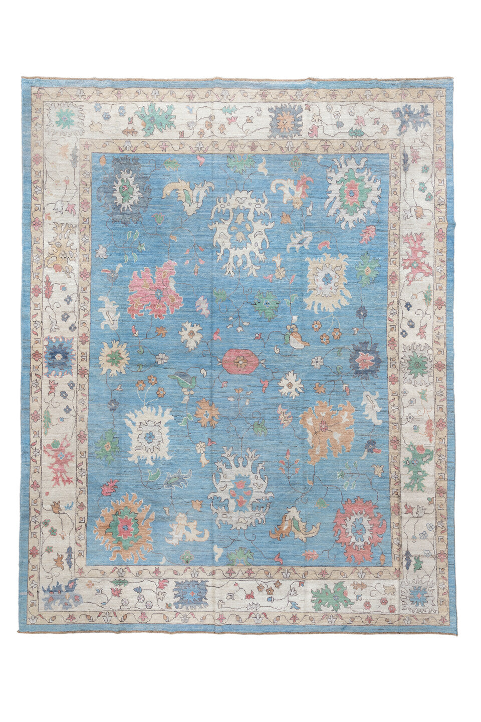 12' x 15' one-of-a-kind handmade vintage Oushak oversize rug. Color palette: blue, brown, dark gray, gainsboro, gray