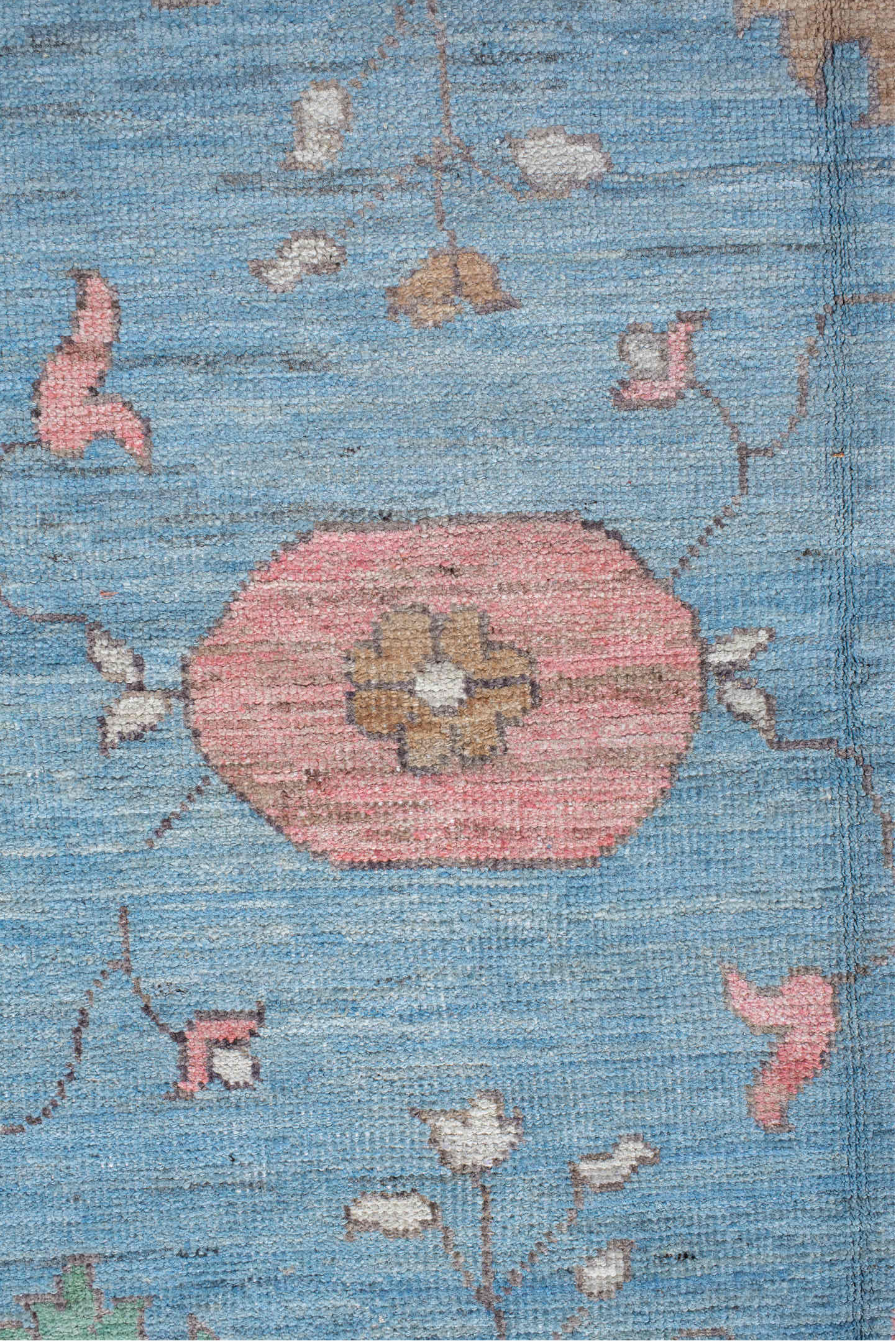 12' x 15' one-of-a-kind handmade vintage Oushak oversize rug. Color palette: sky blue, ivory, blush, sage, muted gold, taupe