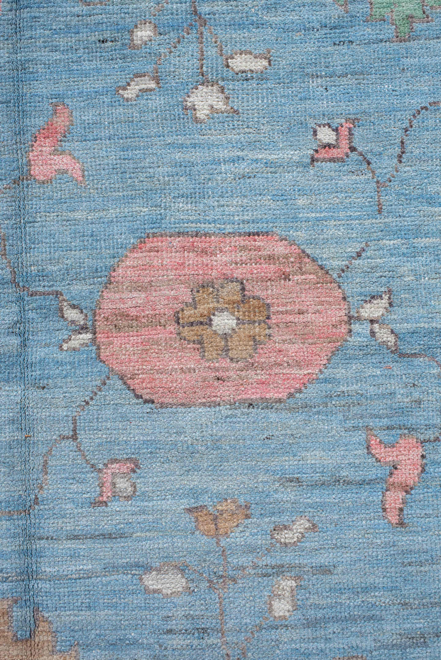 12' x 15' one-of-a-kind handmade vintage Oushak oversize rug. Color palette: sky blue, ivory, blush, sage, muted gold, taupe