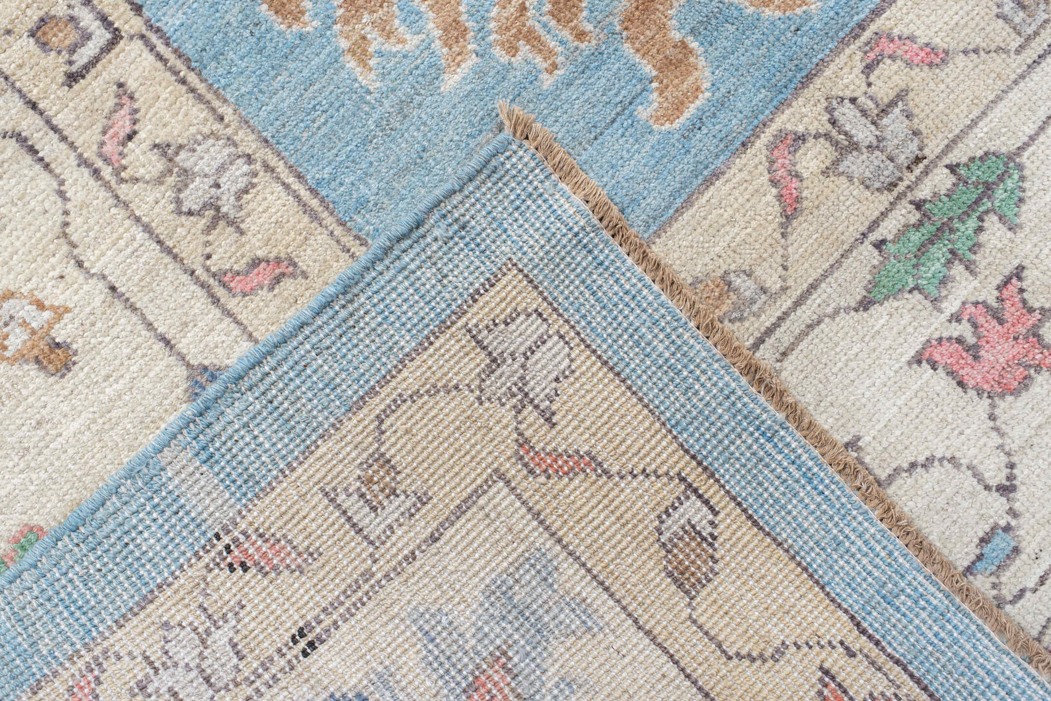 12' x 15' one-of-a-kind handmade vintage Oushak oversize rug. Color palette: sky blue, ivory, blush, sage, muted gold, taupe