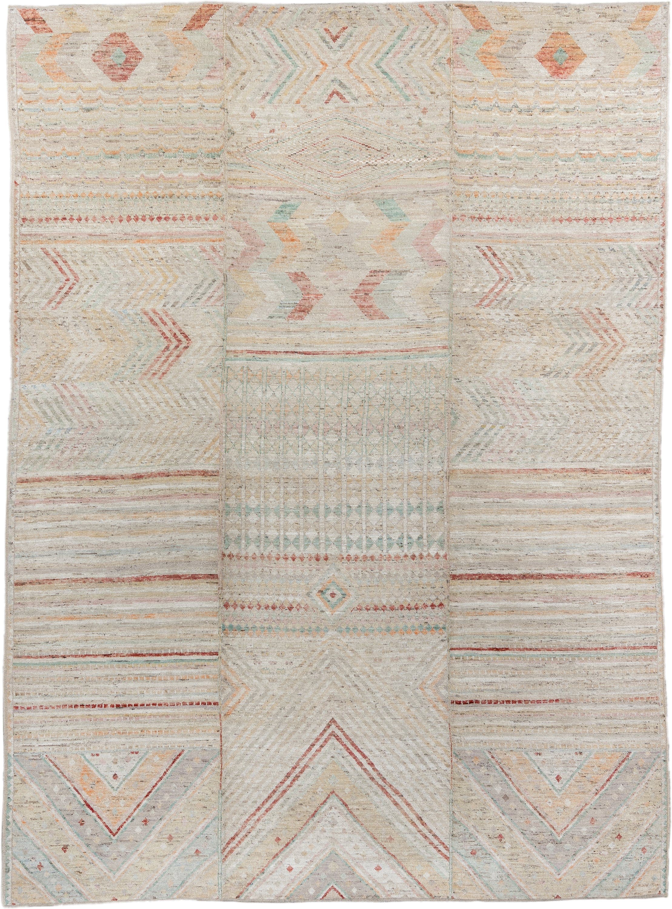 10' x 13' one-of-a-kind handmade vintage Tulu large size rug. Color palette: ivory, cream, blush, pale aqua, terra cotta