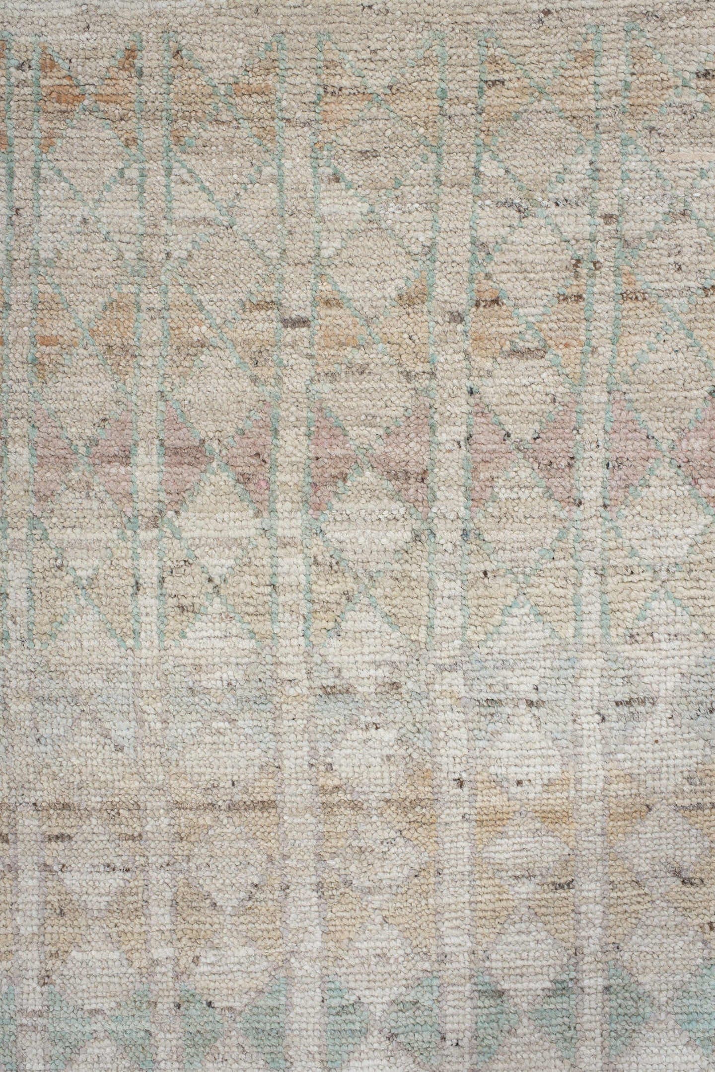 10' x 13' one-of-a-kind handmade vintage Tulu large size rug. Color palette: ivory, cream, blush, pale aqua, terra cotta