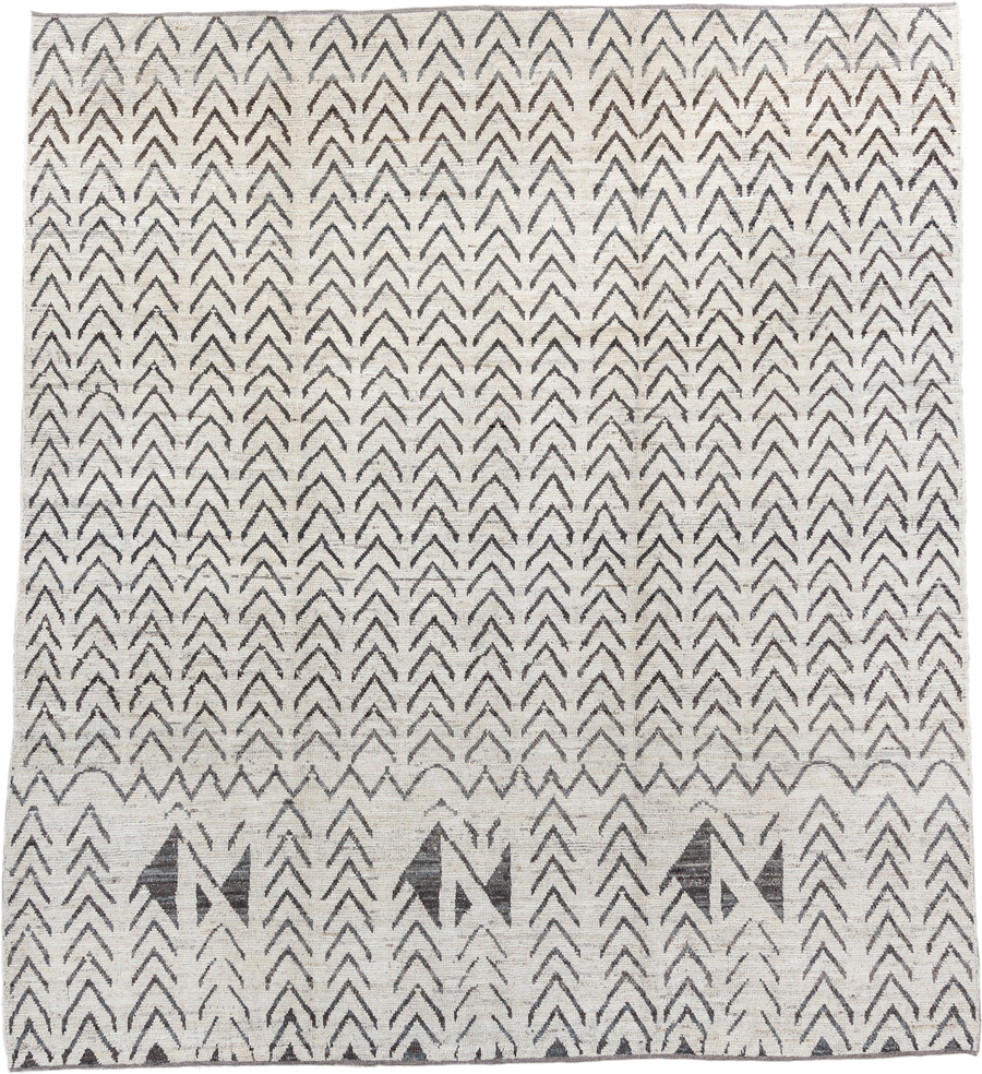 8' x 9' one-of-a-kind handmade vintage Tulu rug. Color palette: ivory, charcoal, taupe, gray, black, beige