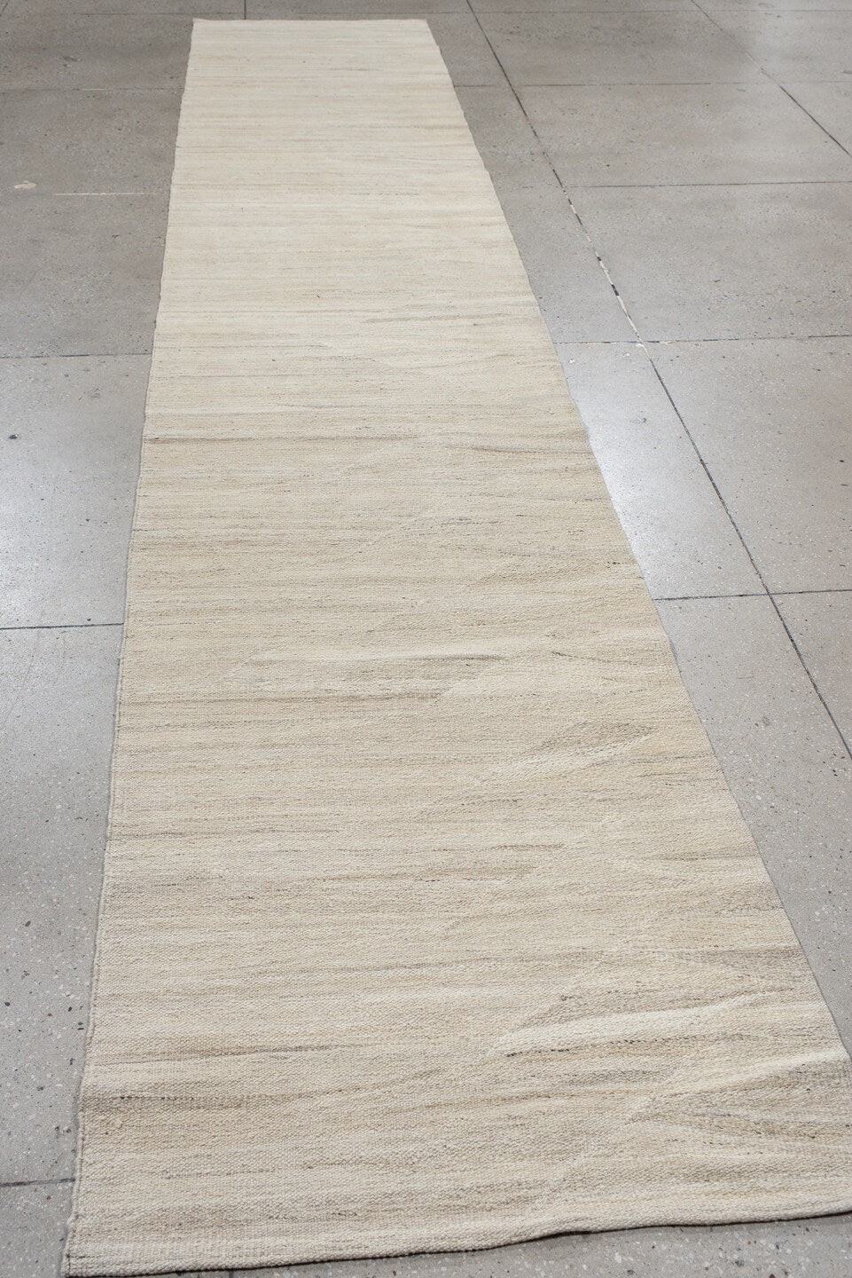3' x 15' one-of-a-kind handmade vintage Kilim runner rug. Color palette: ivory, cream, beige, taupe, gray