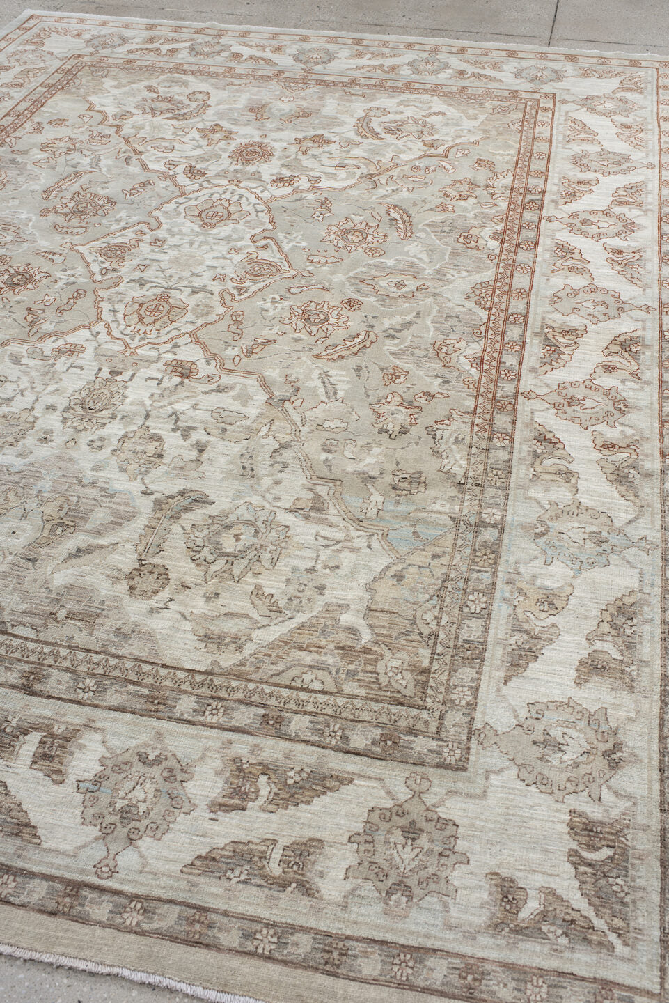 8' x 10' one-of-a-kind handmade vintage Oushak large size rug. Color palette: ivory, taupe, beige, pale blue, rust, camel