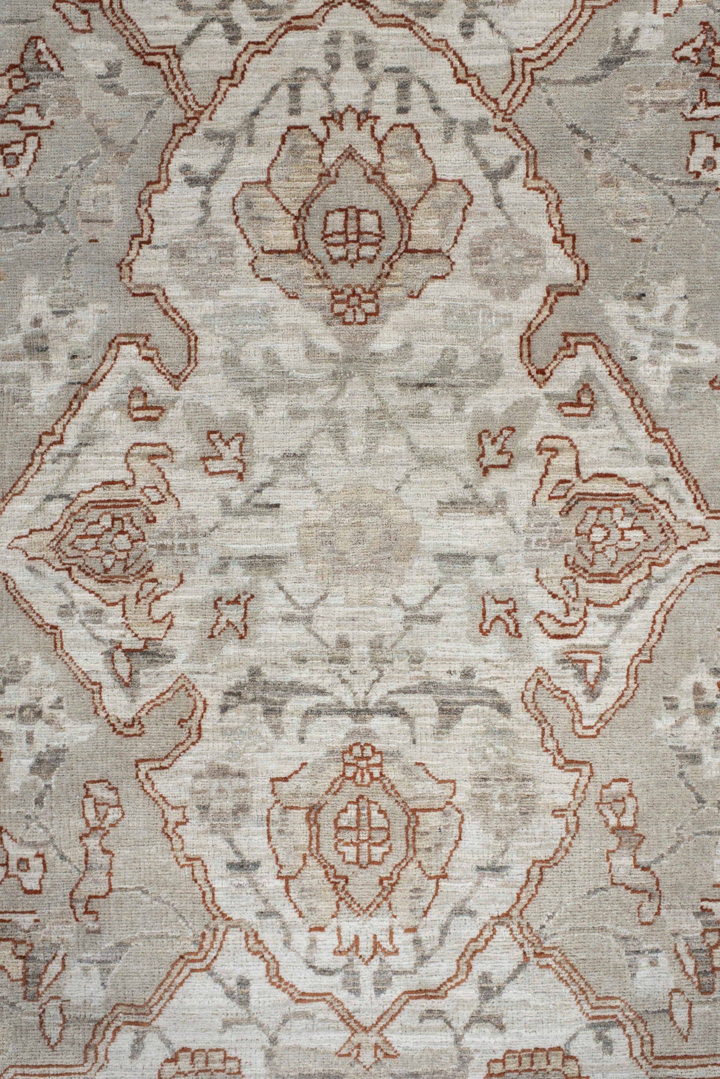 8' x 10' one-of-a-kind handmade vintage Oushak large size rug. Color palette: ivory, taupe, beige, pale blue, rust, camel