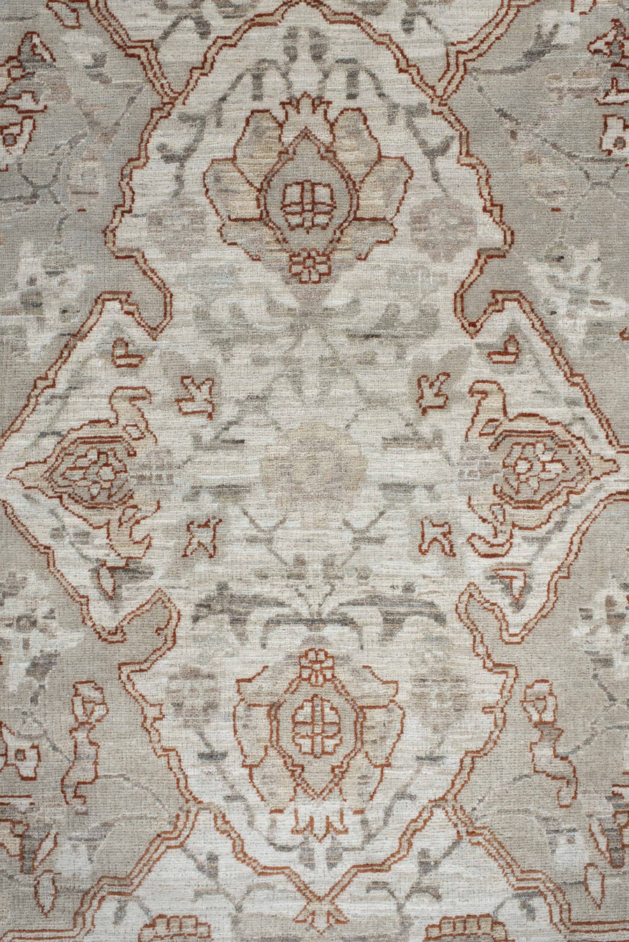 8' x 10' one-of-a-kind handmade vintage Oushak large size rug. Color palette: ivory, taupe, beige, pale blue, rust, camel