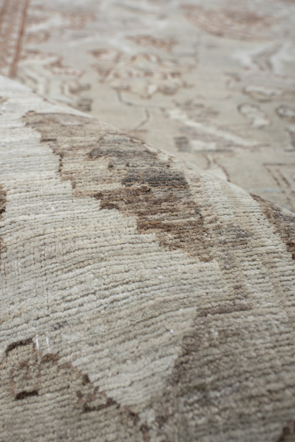 8' x 10' one-of-a-kind handmade vintage Oushak large size rug. Color palette: ivory, taupe, beige, pale blue, rust, camel