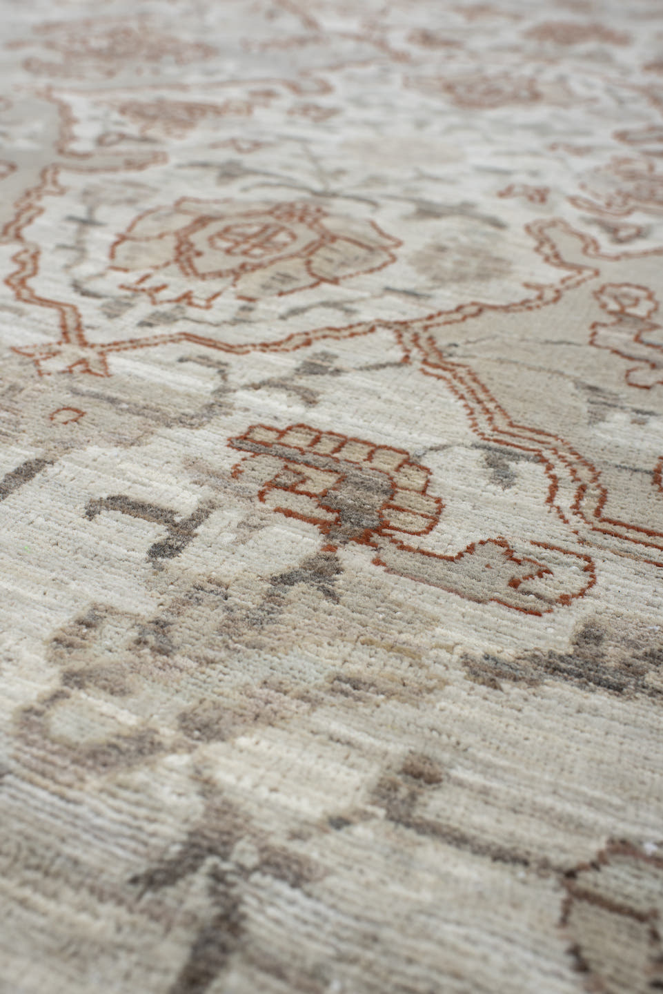 8' x 10' one-of-a-kind handmade vintage Oushak large size rug. Color palette: ivory, taupe, beige, pale blue, rust, camel