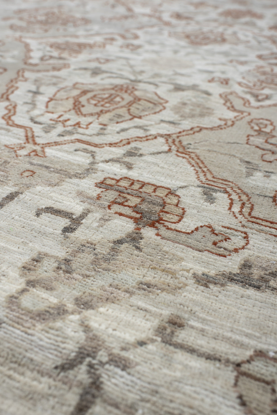 8' x 10' one-of-a-kind handmade vintage Oushak large size rug. Color palette: ivory, taupe, beige, pale blue, rust, camel