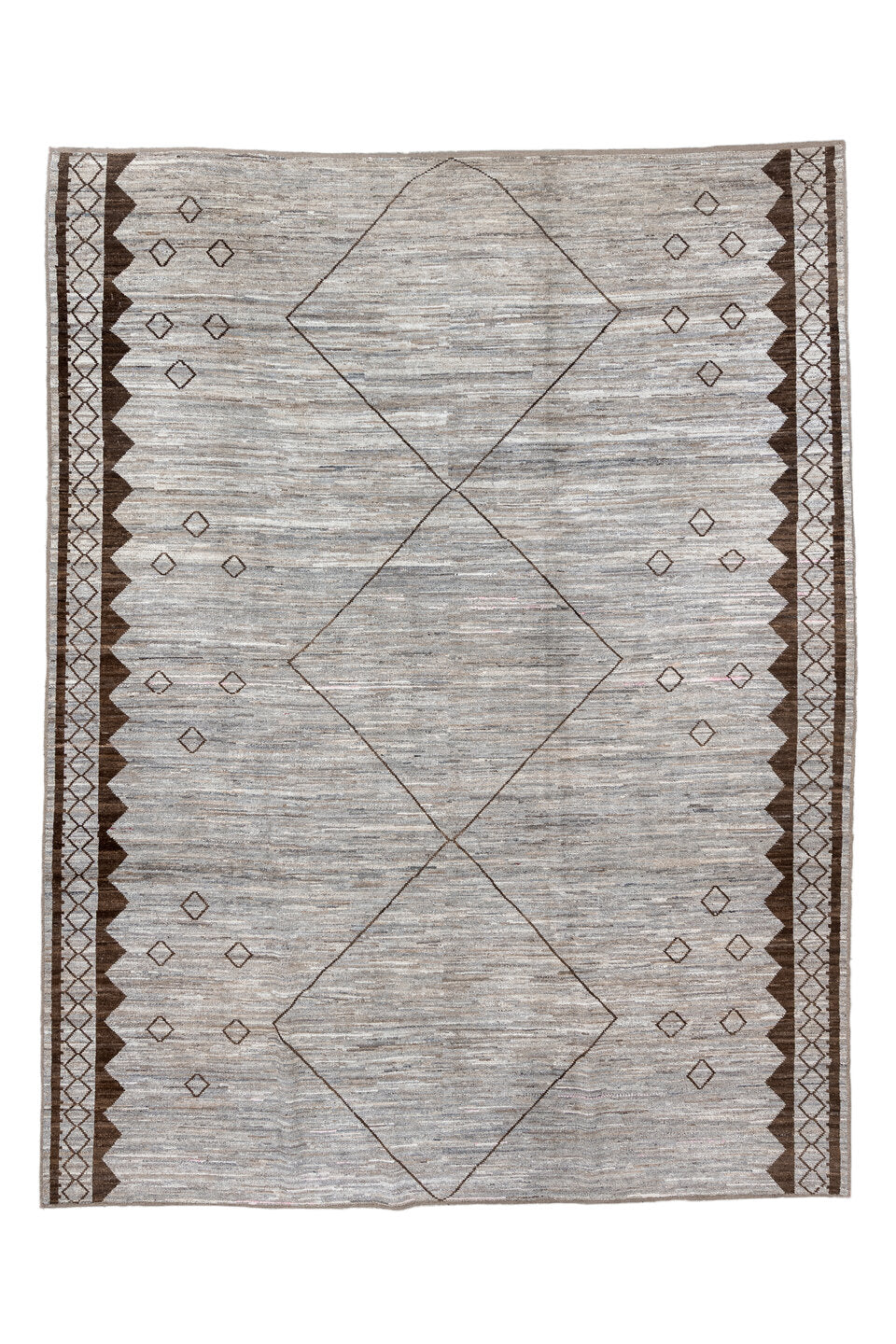 9' x 12' one-of-a-kind handmade vintage Tulu large size rug. Color palette: black, brown, dim gray, gainsboro, gray