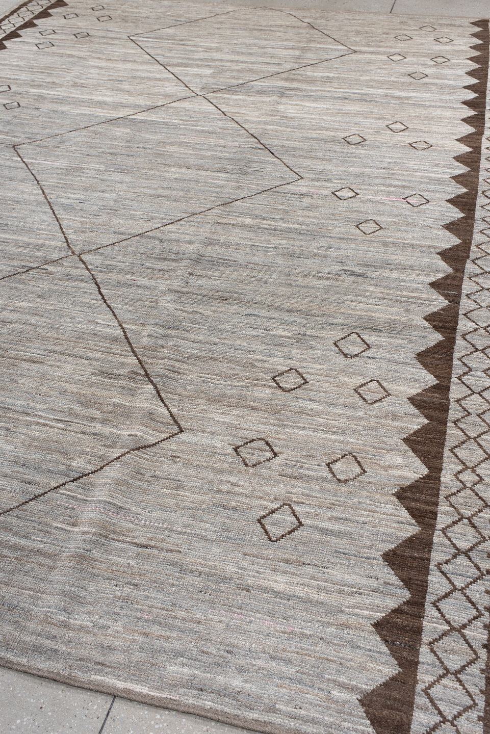 9' x 12' one-of-a-kind handmade vintage Tulu large size rug. Color palette: ivory, taupe, brown, camel, greige, beige, gray