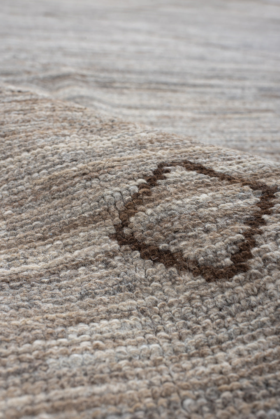 9' x 12' one-of-a-kind handmade vintage Tulu large size rug. Color palette: ivory, taupe, brown, camel, greige, beige, gray