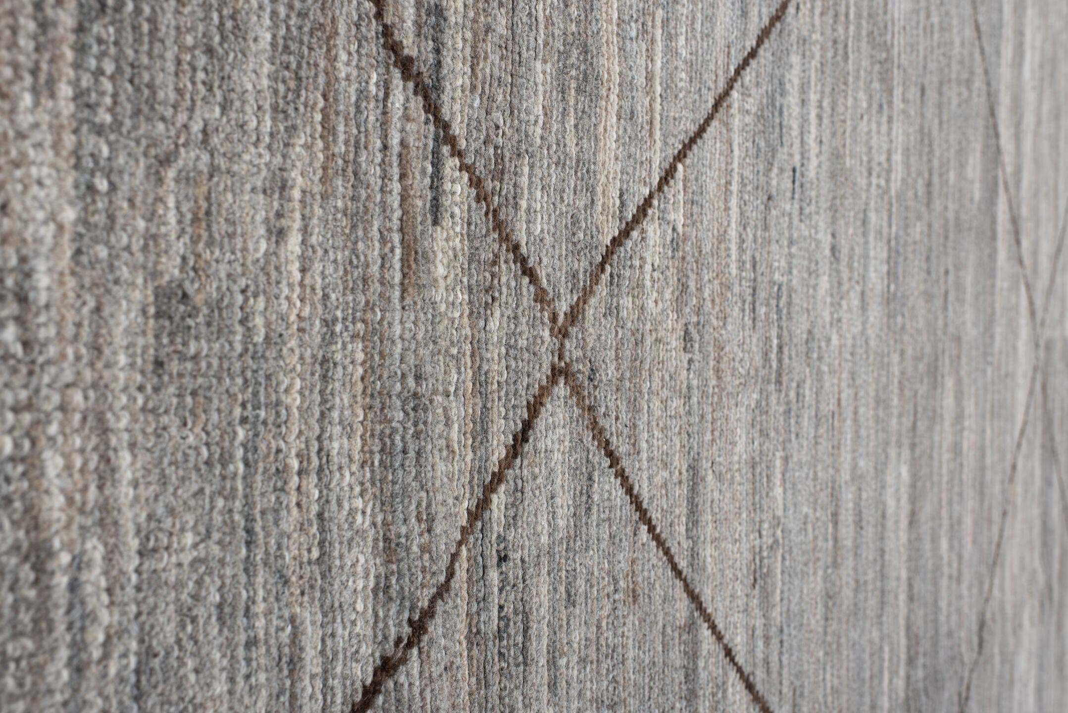 9' x 12' one-of-a-kind handmade vintage Tulu large size rug. Color palette: ivory, taupe, brown, camel, greige, beige, gray