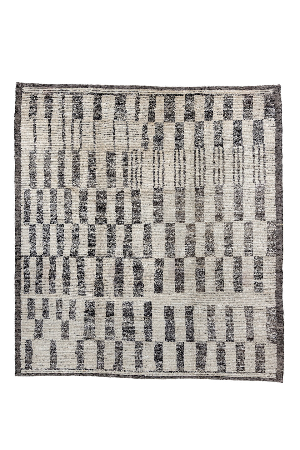 8' x 9' one-of-a-kind handmade vintage Tulu rug. Color palette: black, charcoal, dim gray, gray, light gray, linen