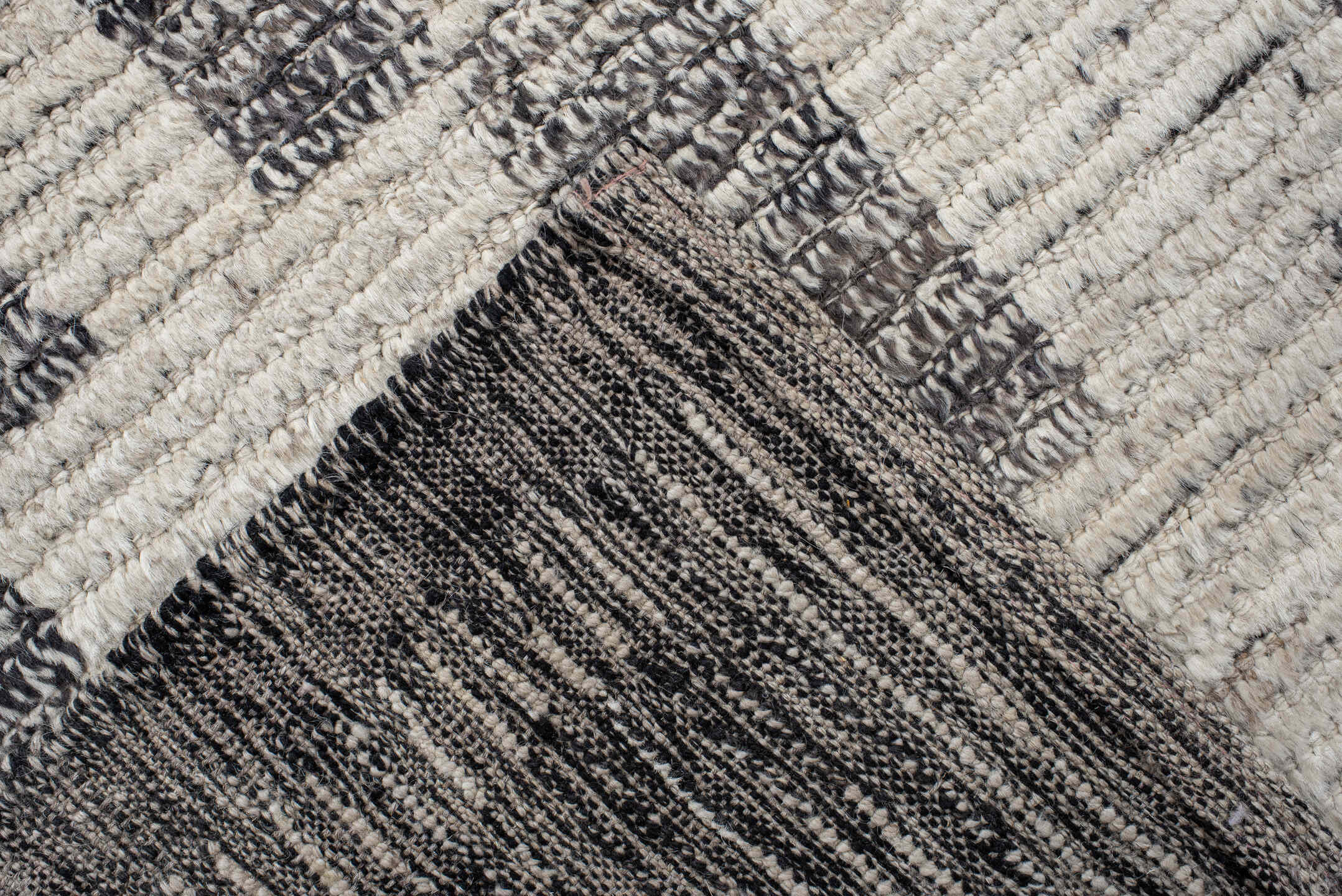 8' x 9' one-of-a-kind handmade vintage Tulu rug. Color palette: black, charcoal, dim gray, gray, light gray, linen